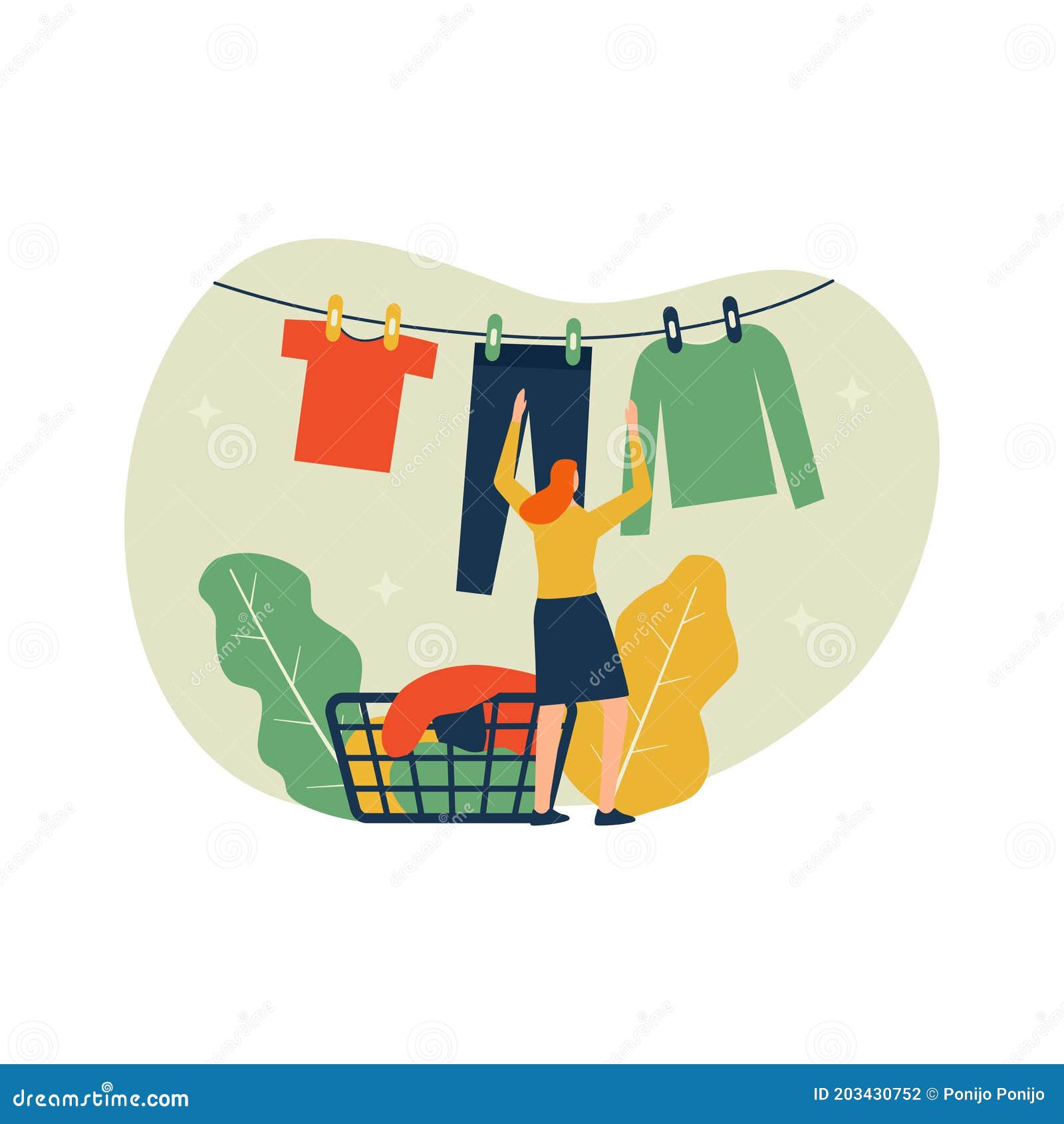 Vector Illustration, Woman Drying Clothes in the Sun Stock Vector Illustration of clothesline