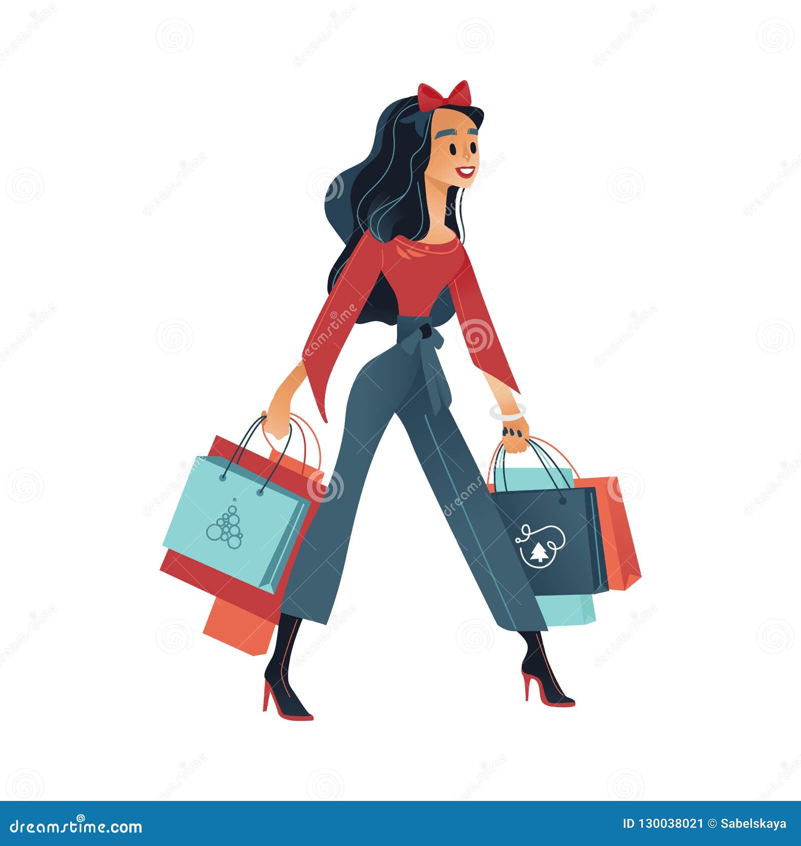 Vector Illustration of Woman with Shopping Bags in Cartoon Gradient ...