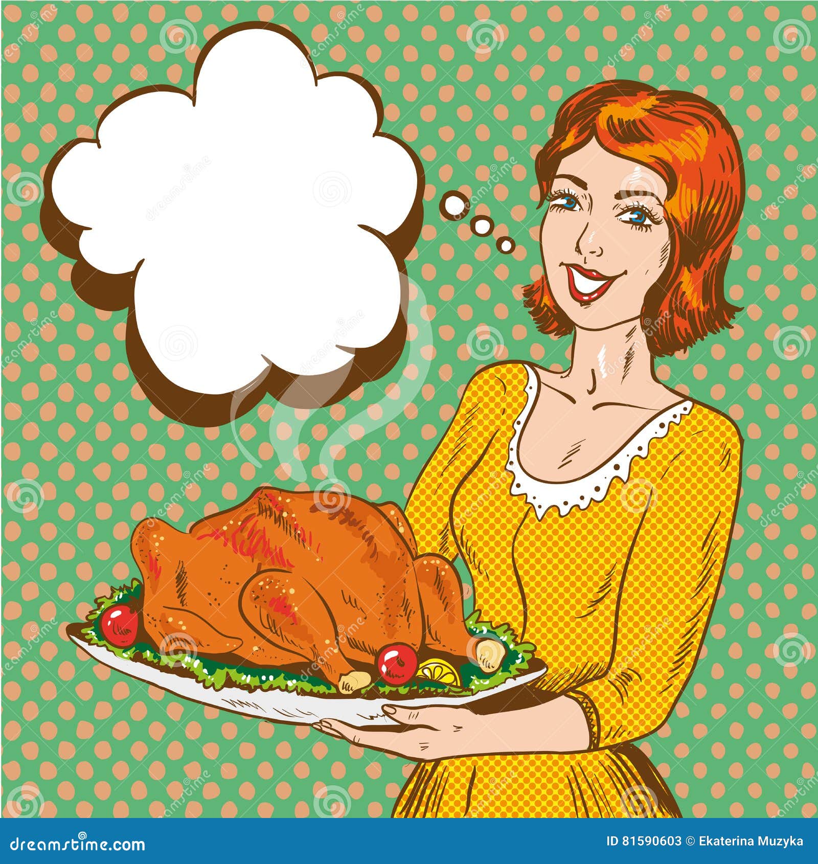 Vector Illustration Of Woman With Thanksgiving Turkey Pop Art Style