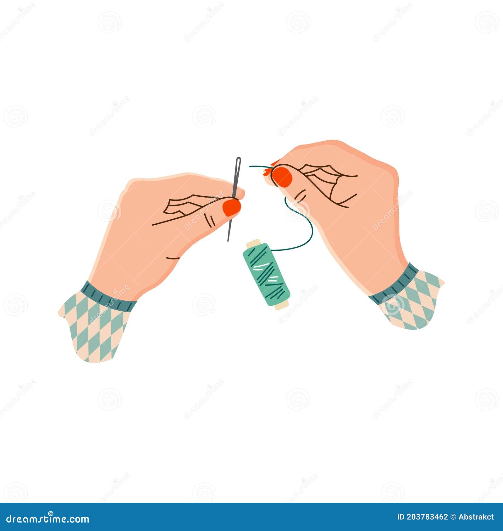 Vector Illustration of Women`s Hands Holding a Thread and Needle. Hands ...