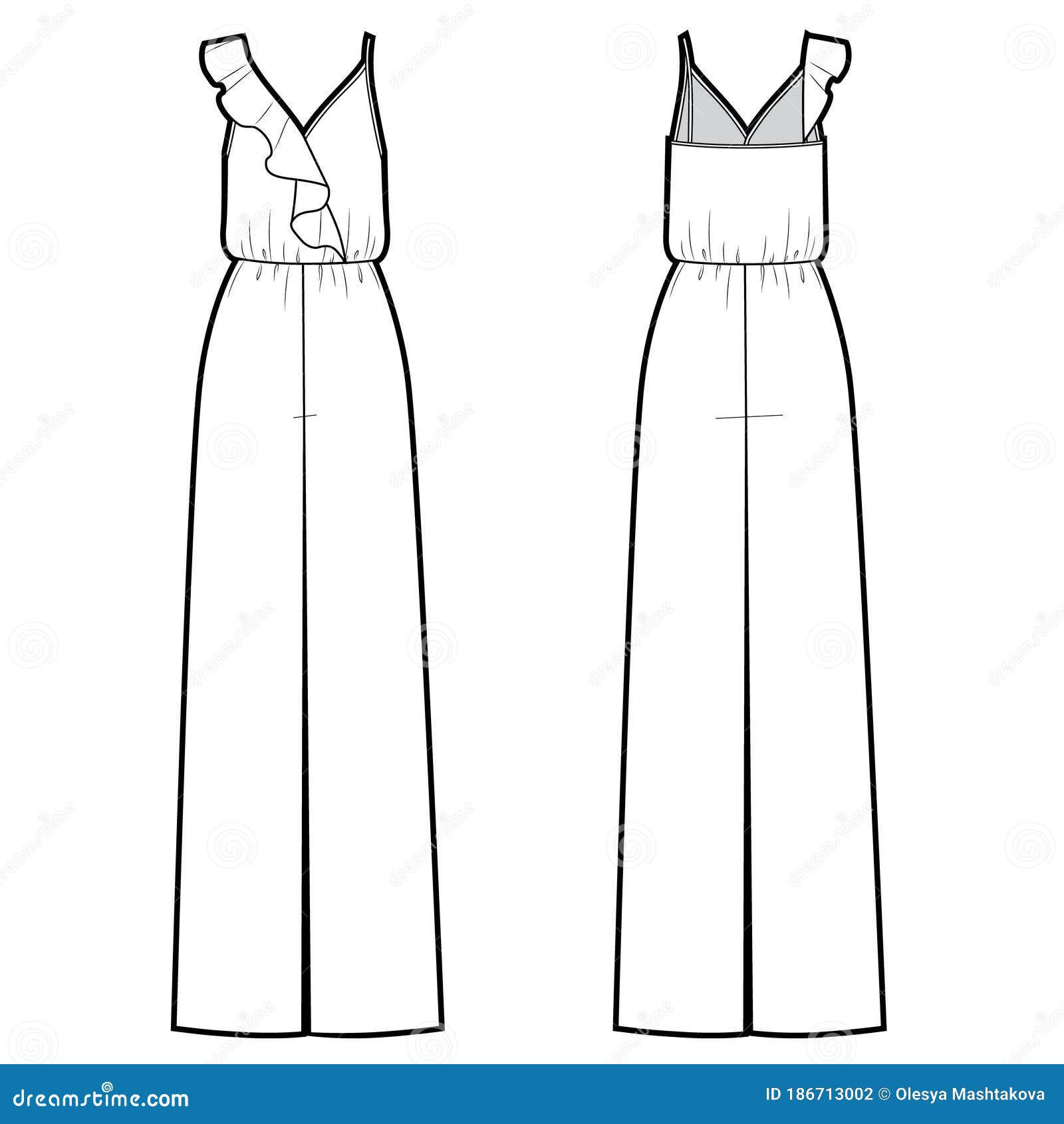 Vector Illustration of Women`s Jumpsuit with Frill. Front and Back ...