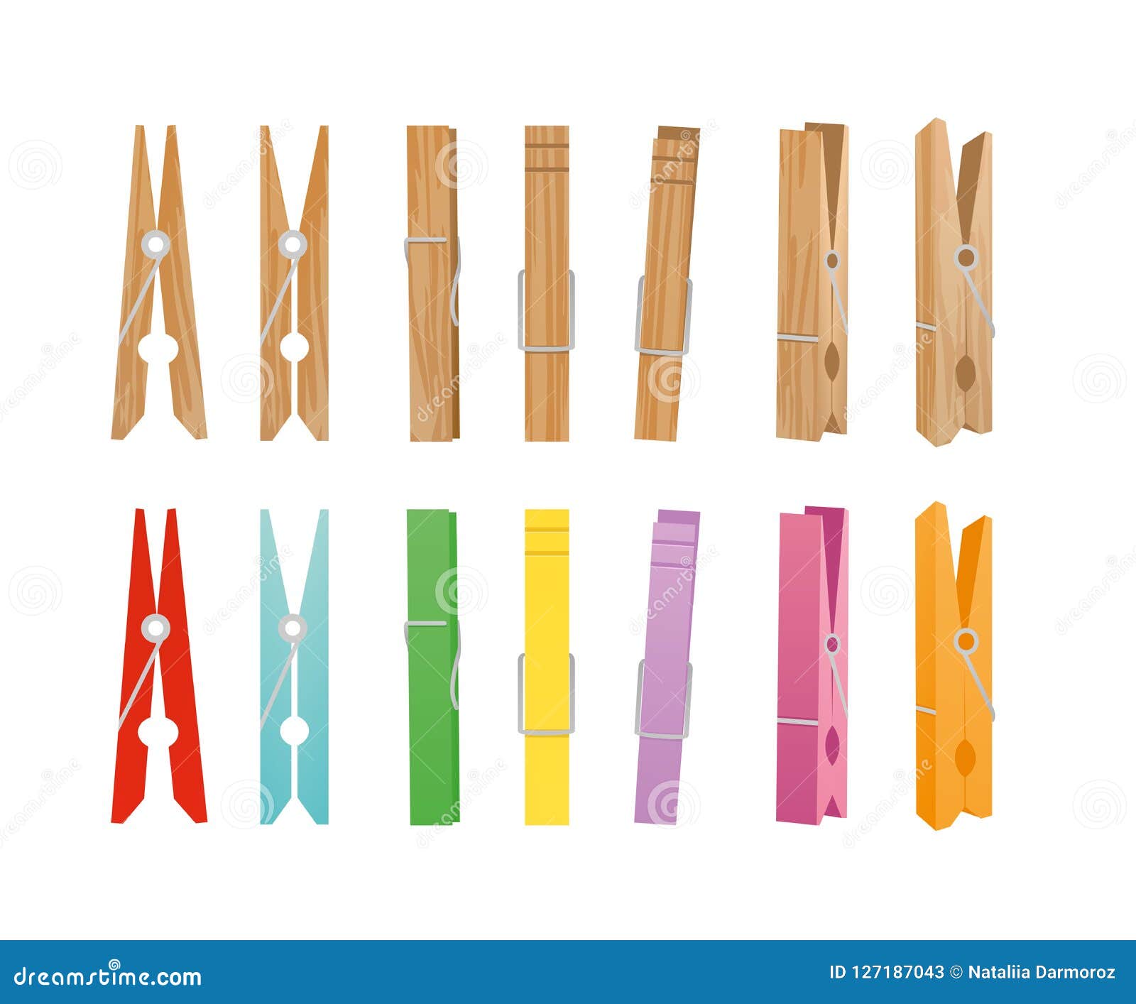   of wooden and clothespin collection on white background. clothespins in different bright colors and