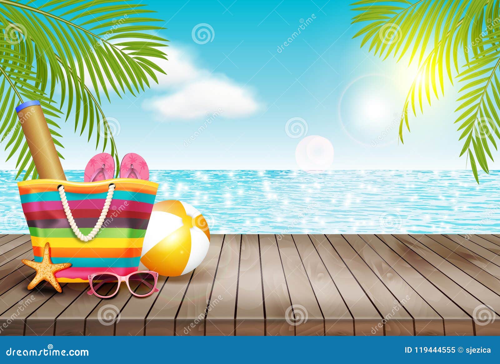 Summer Background with Wooden Table and Beach Bag. Vector Illustration ...