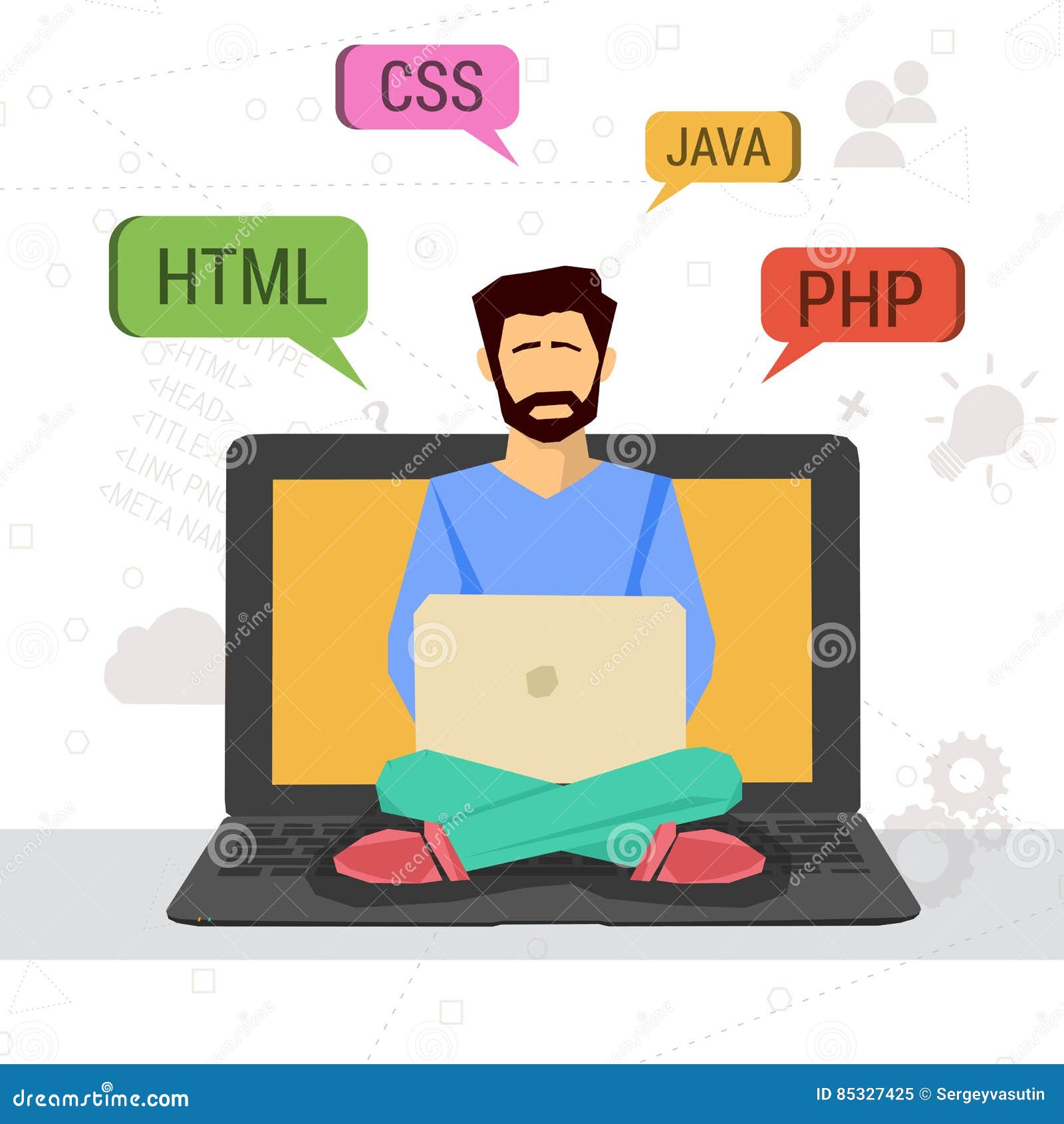 Vector Illustration of Working Programmer with Laptop Stock ...