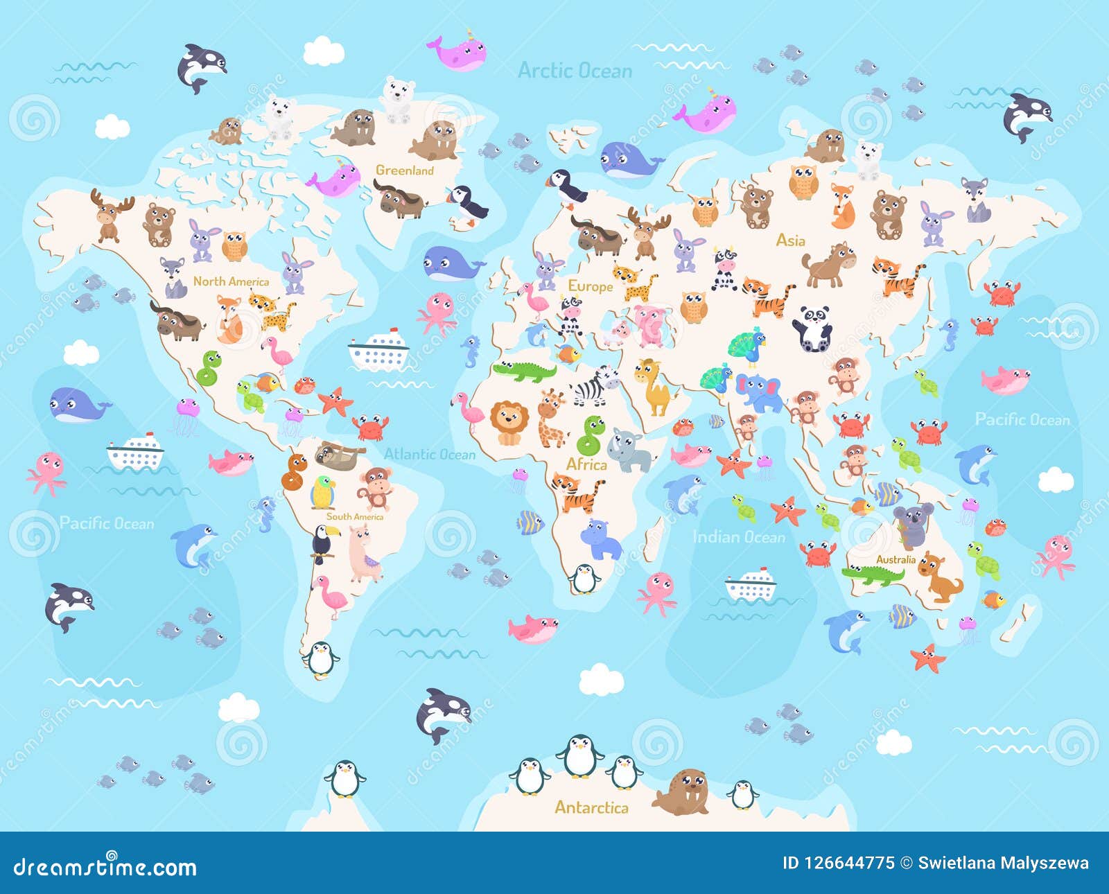 Vector Illustration of World Map with Animals for Kids. Stock