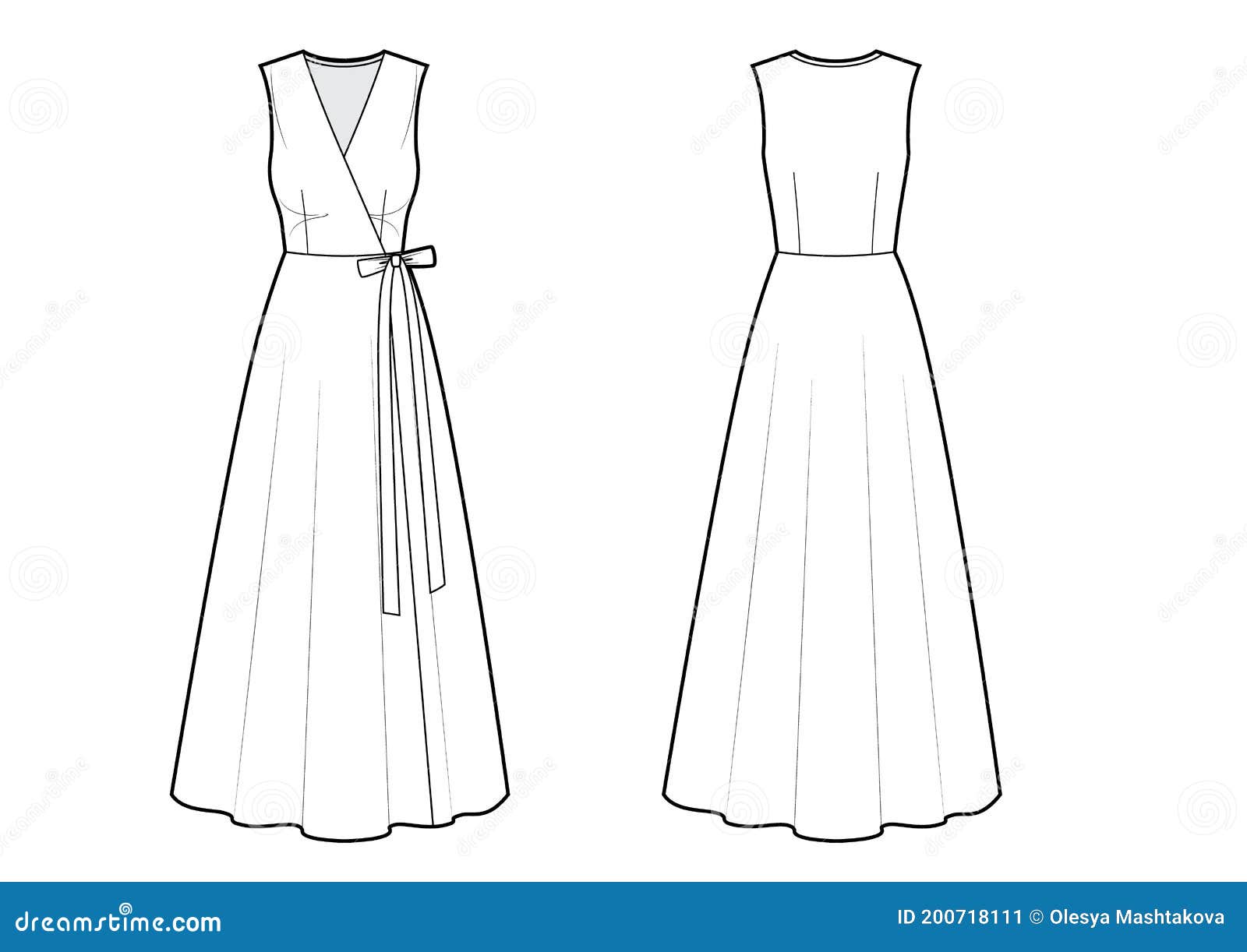 Vector Illustration of Wrap Maxi Sleeveless Dress. Front and Back Stock ...