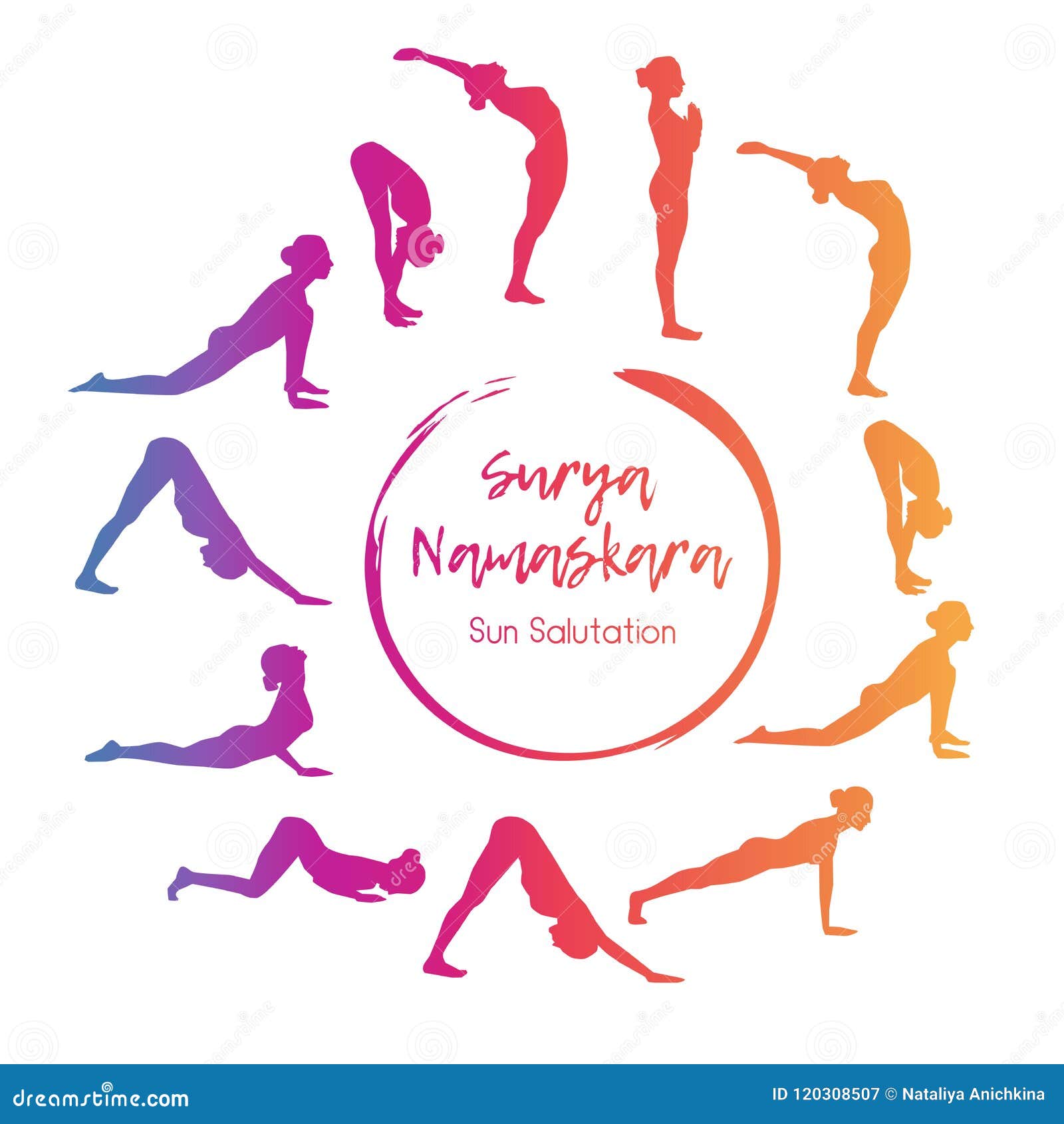 vector illustration yoga exercise sun salutation steps morning gymnastics colorful gradient silhouettes slim woman 120308507