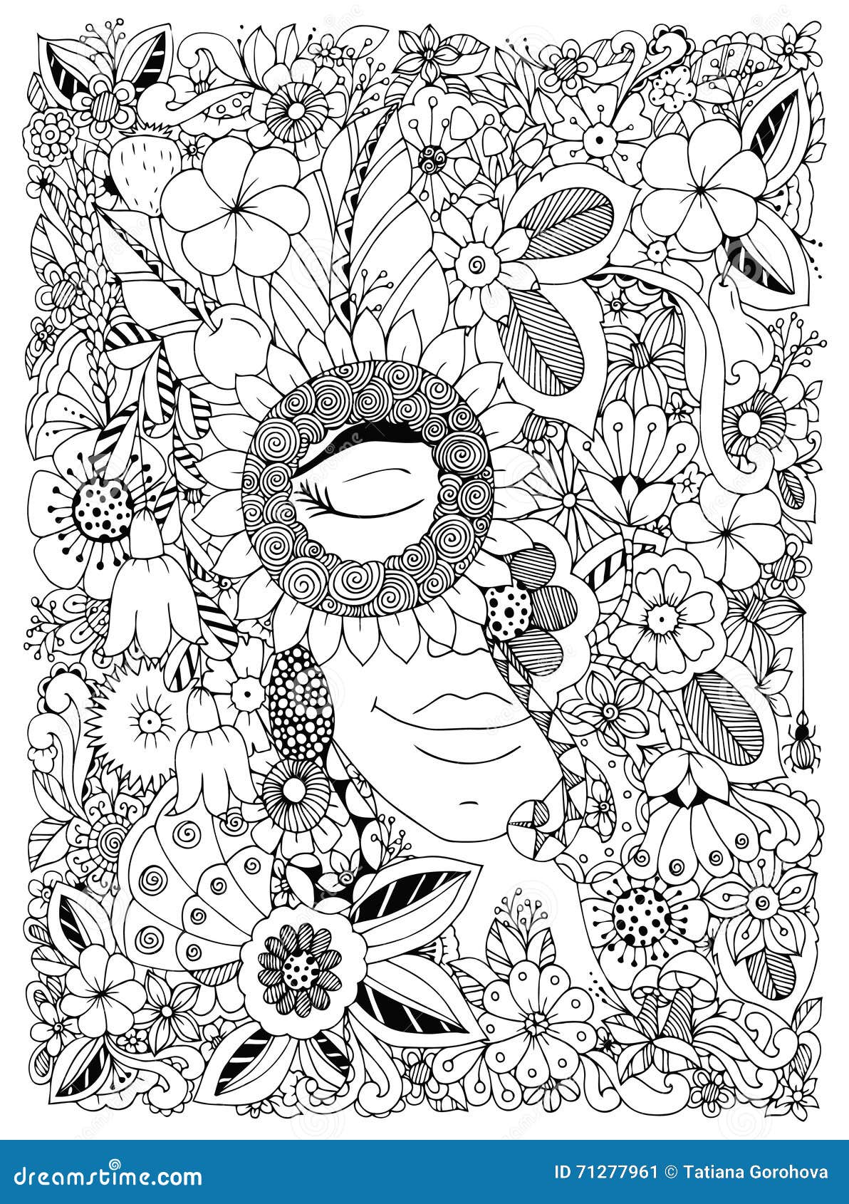   zen tangle portrait of a woman in a flower frame. doodle flowers, forest, garden. coloring book anti stress