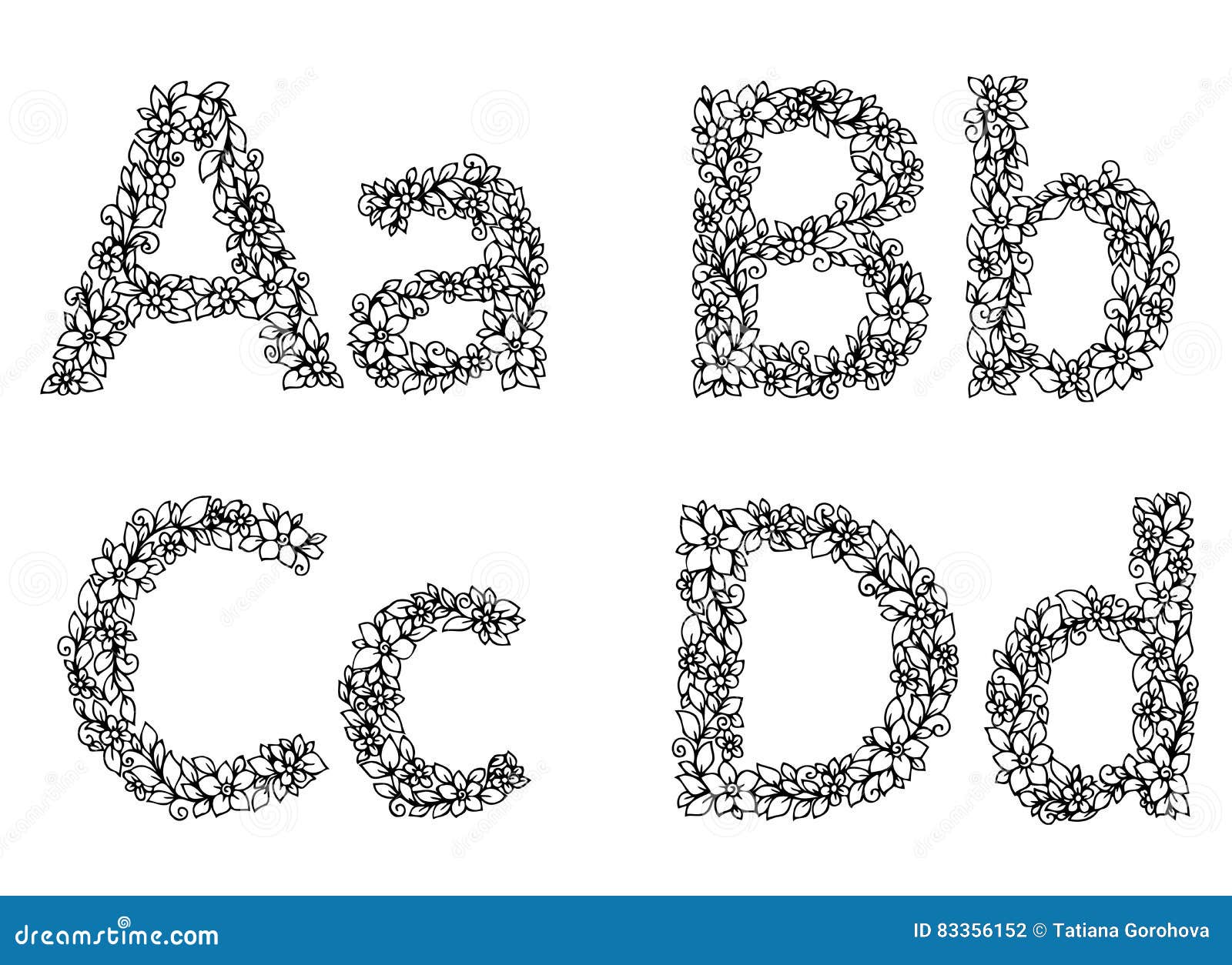 Vector Illustration Zentangl, Flower Letters A B C D Alphabet. Doodle