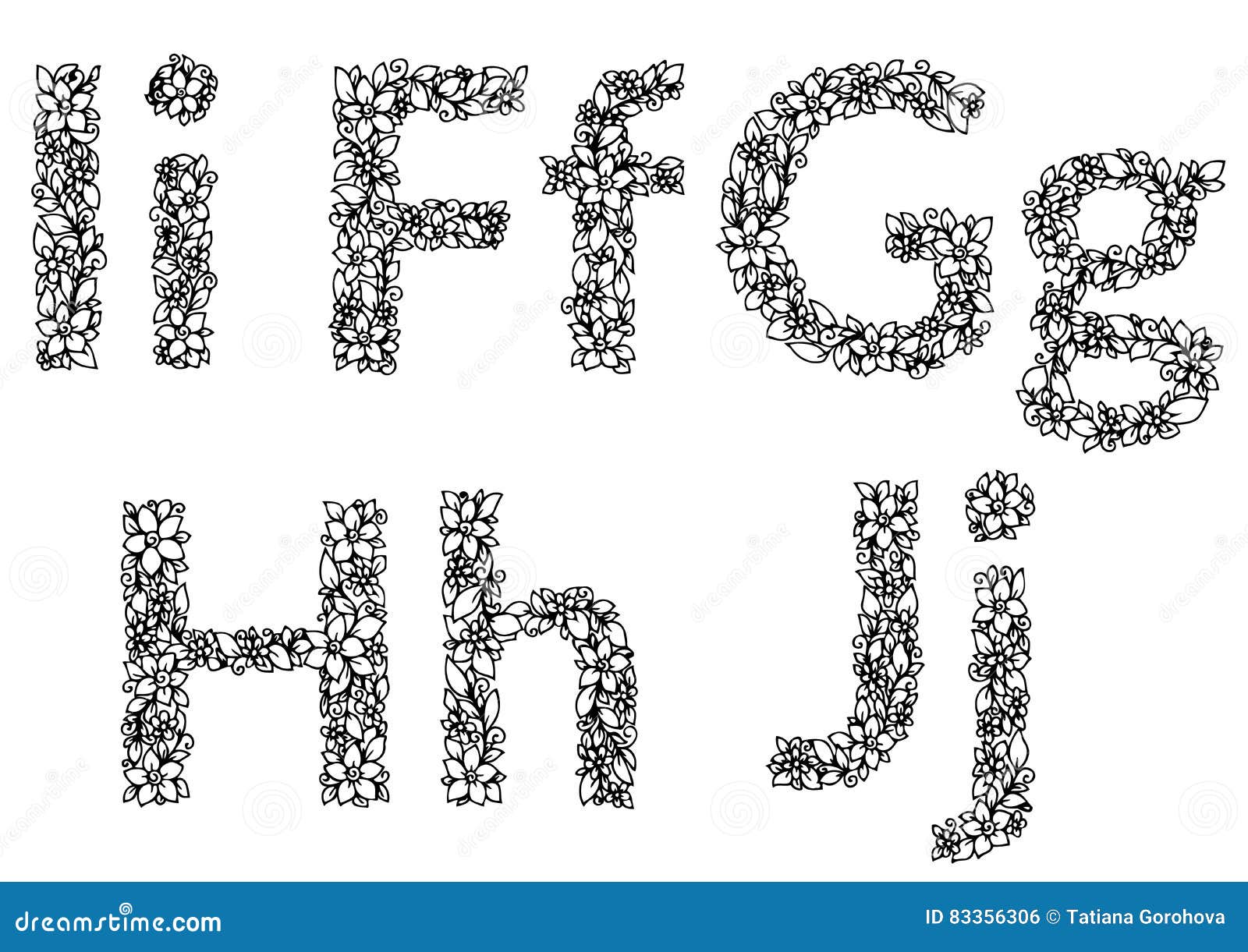 Vector Illustration Zentangl Flower Letters I F G H J Alphabet