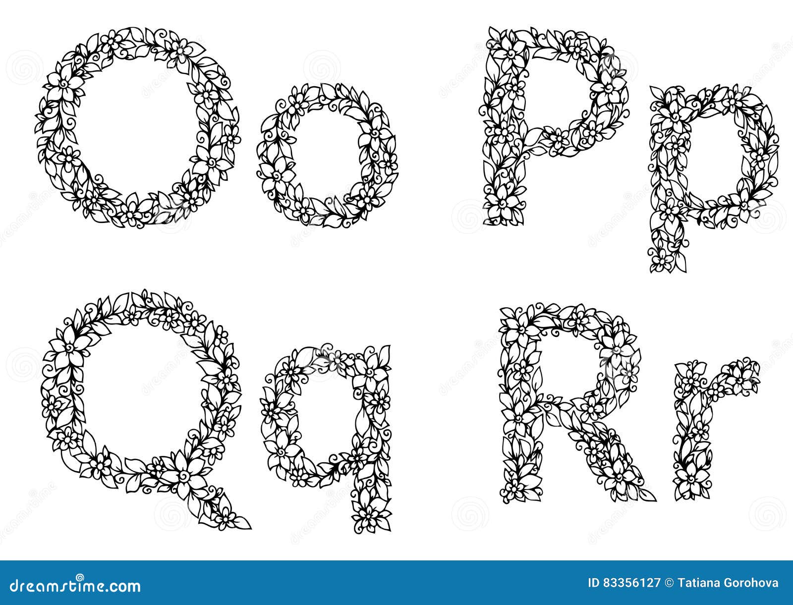 Vector Illustration Zentangl Flower Letters O P Q R Alphabet