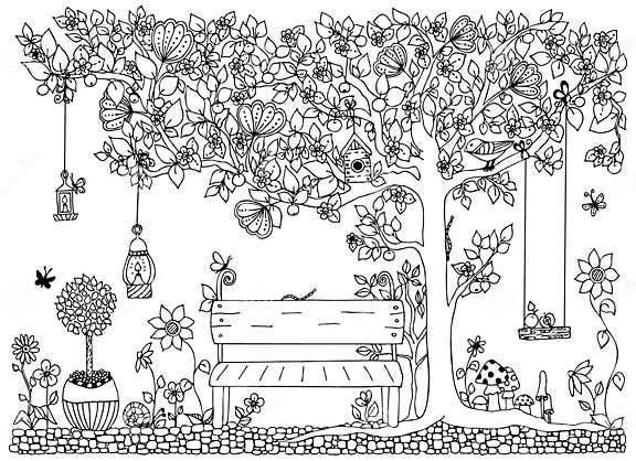 Vector Illustration Zentangle Park, Garden, Spring: Bench, a Tree with ...