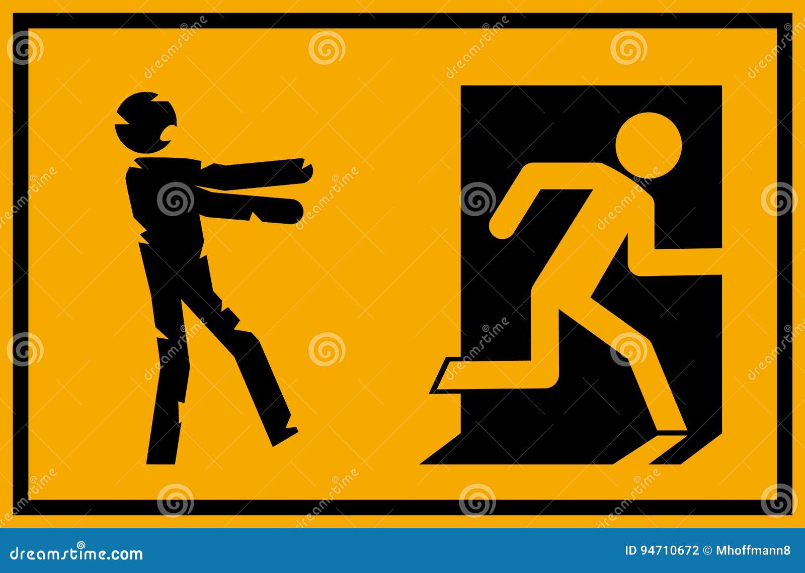   - zombie emergency exit sign with a stick figure silhouette undead chasing a person trying to escape
