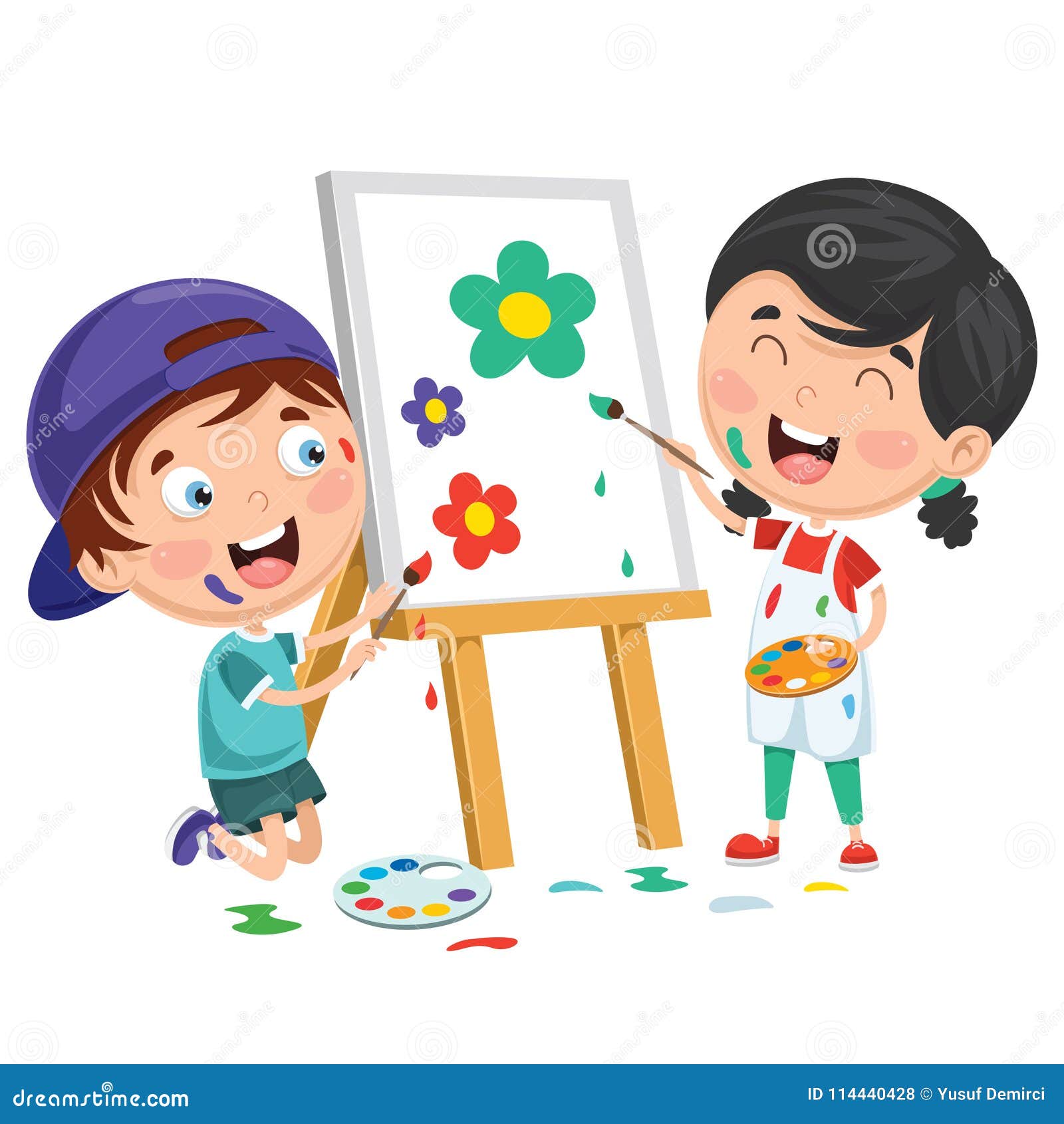 Vector Illustrations of Kids Painting on Canvas Stock Vector ...