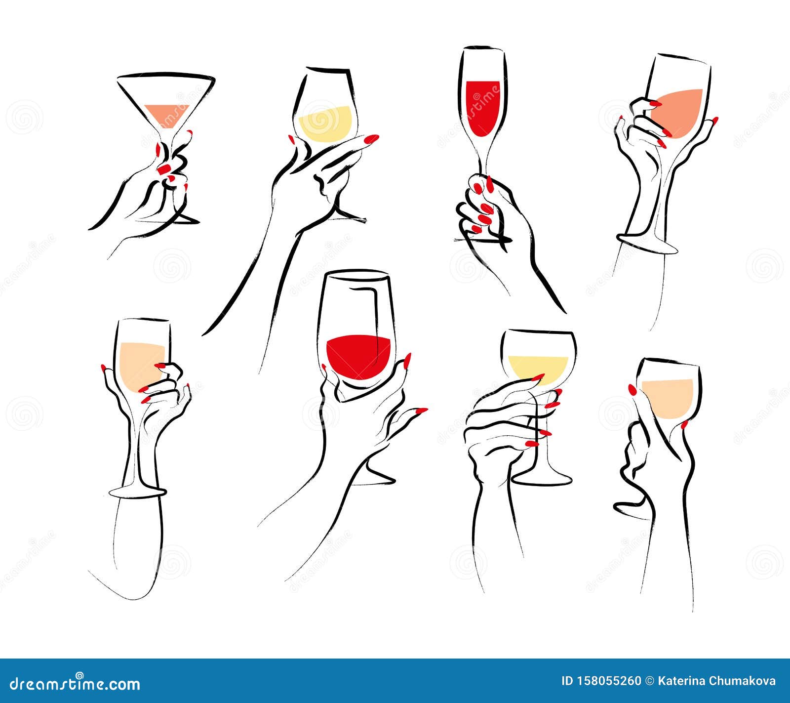 Vector Ilustrado a Mano De La Copa De Vino De La Mano De La Mujer