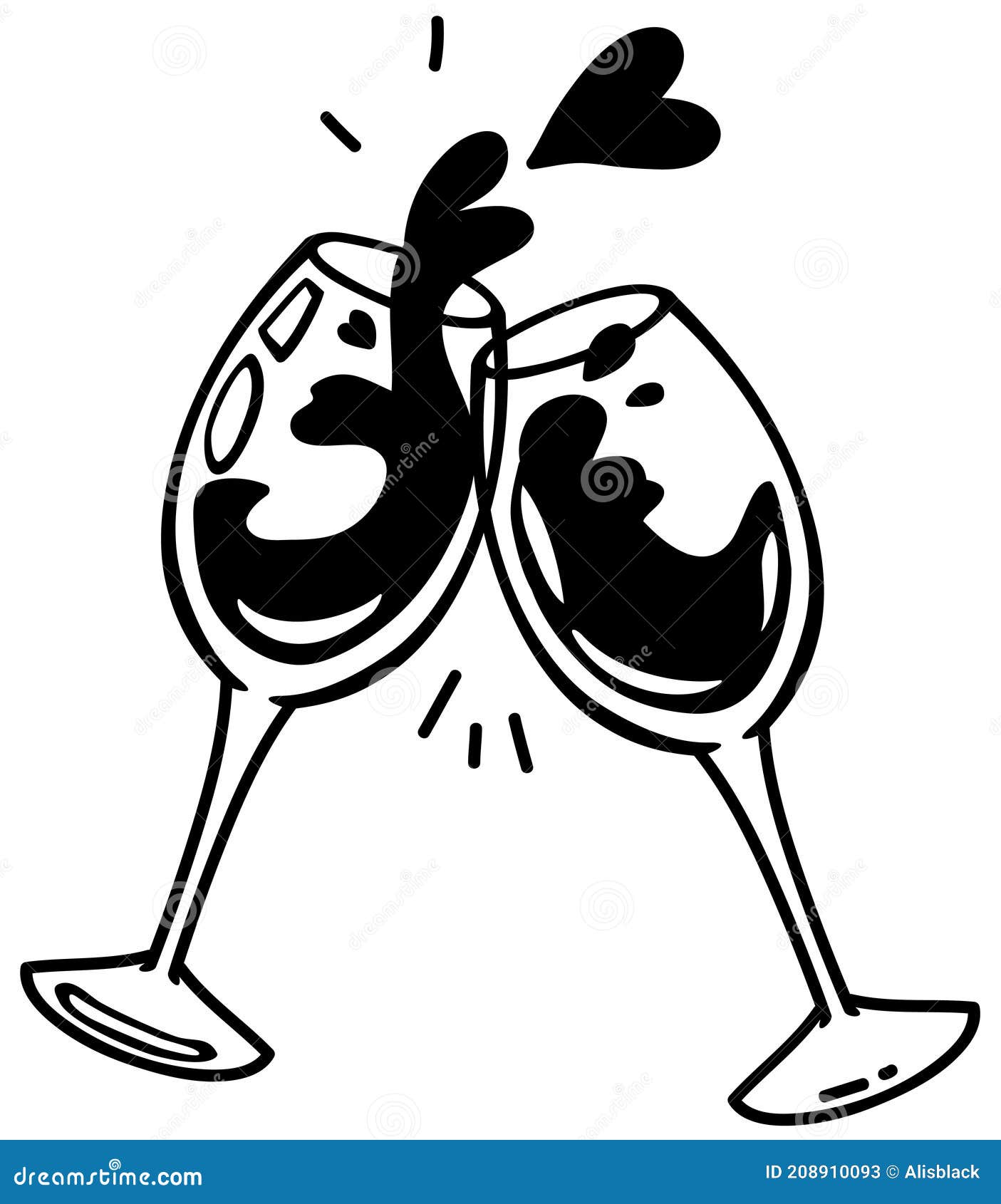Vector Image in Black Outlines of Clinking Glasses of Wine with Love