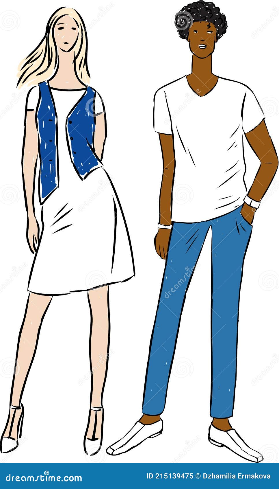 Vector Illustration of Couple Young People in Summer Cotton Jeans ...