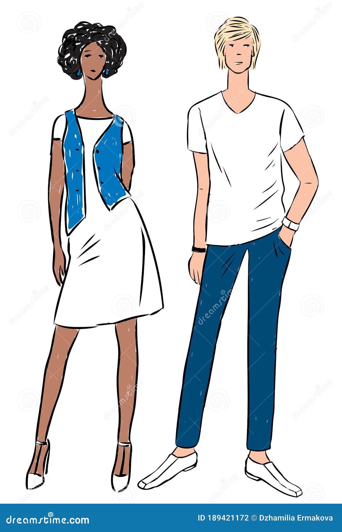 Vector Drawing of Couple Young People in Summer Cotton Jeans Clothing ...