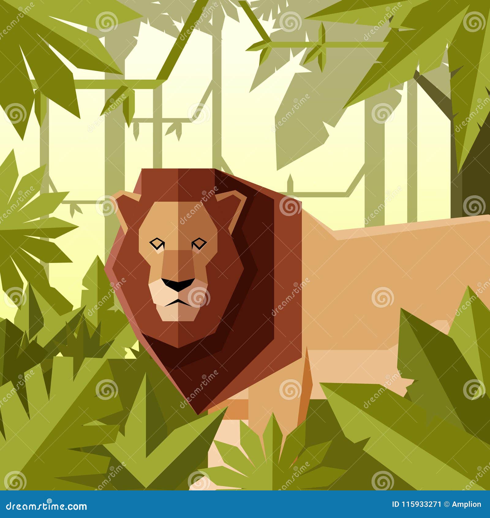 flat geometric jungle background with lion