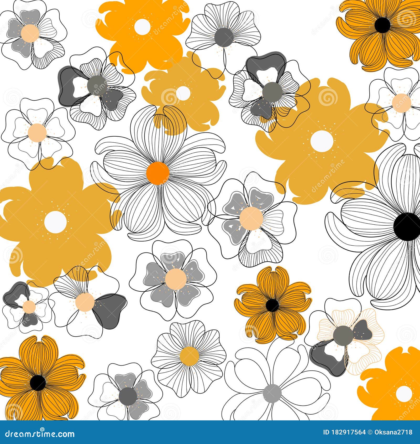 Yellow and Black Abstract Flowers on a White Background. Stock Vector Illustration of graphic