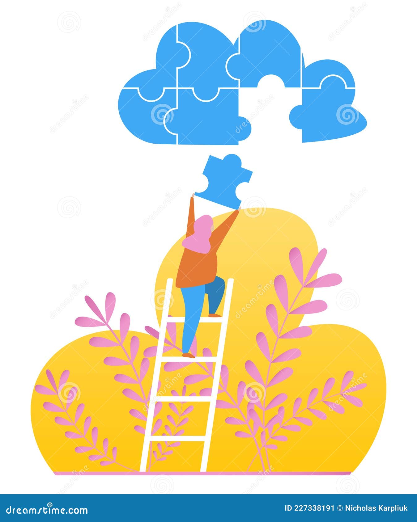  image. the girl on the stairs. putting together a cloud puzzle. business concept