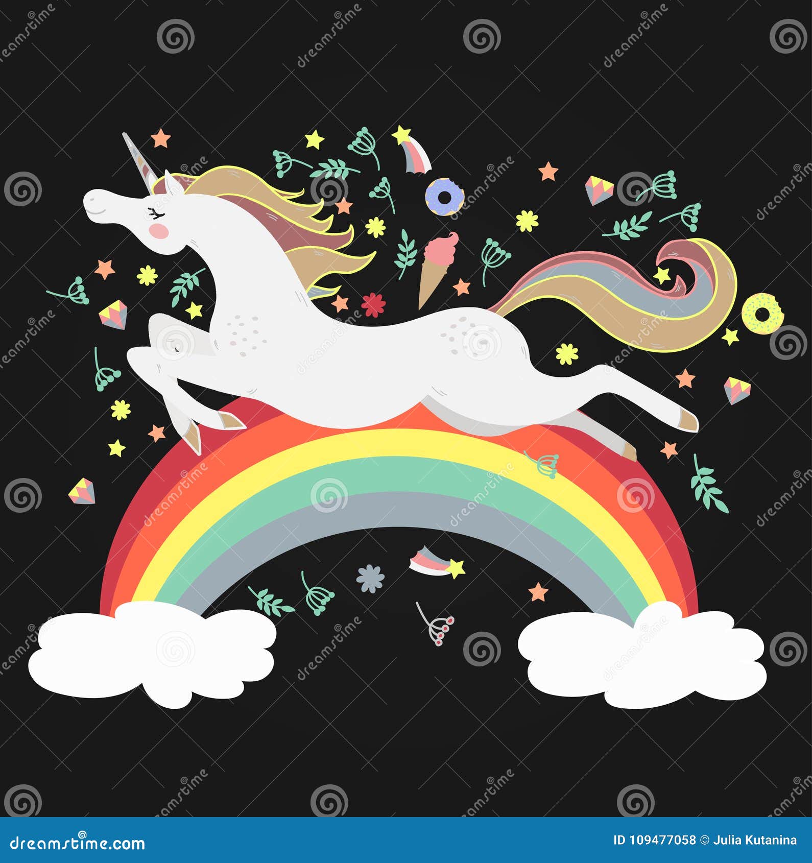Image Happy Unicorn on Black Background Stock Vector Illustration of