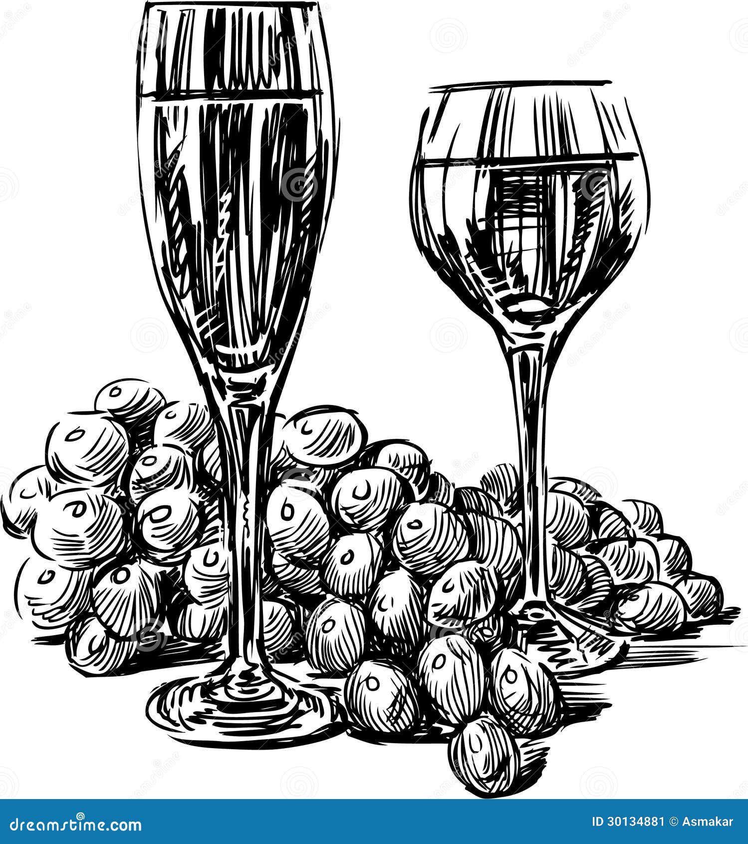 Grapes and wine glasses stock vector. Illustration of drawing 30134881