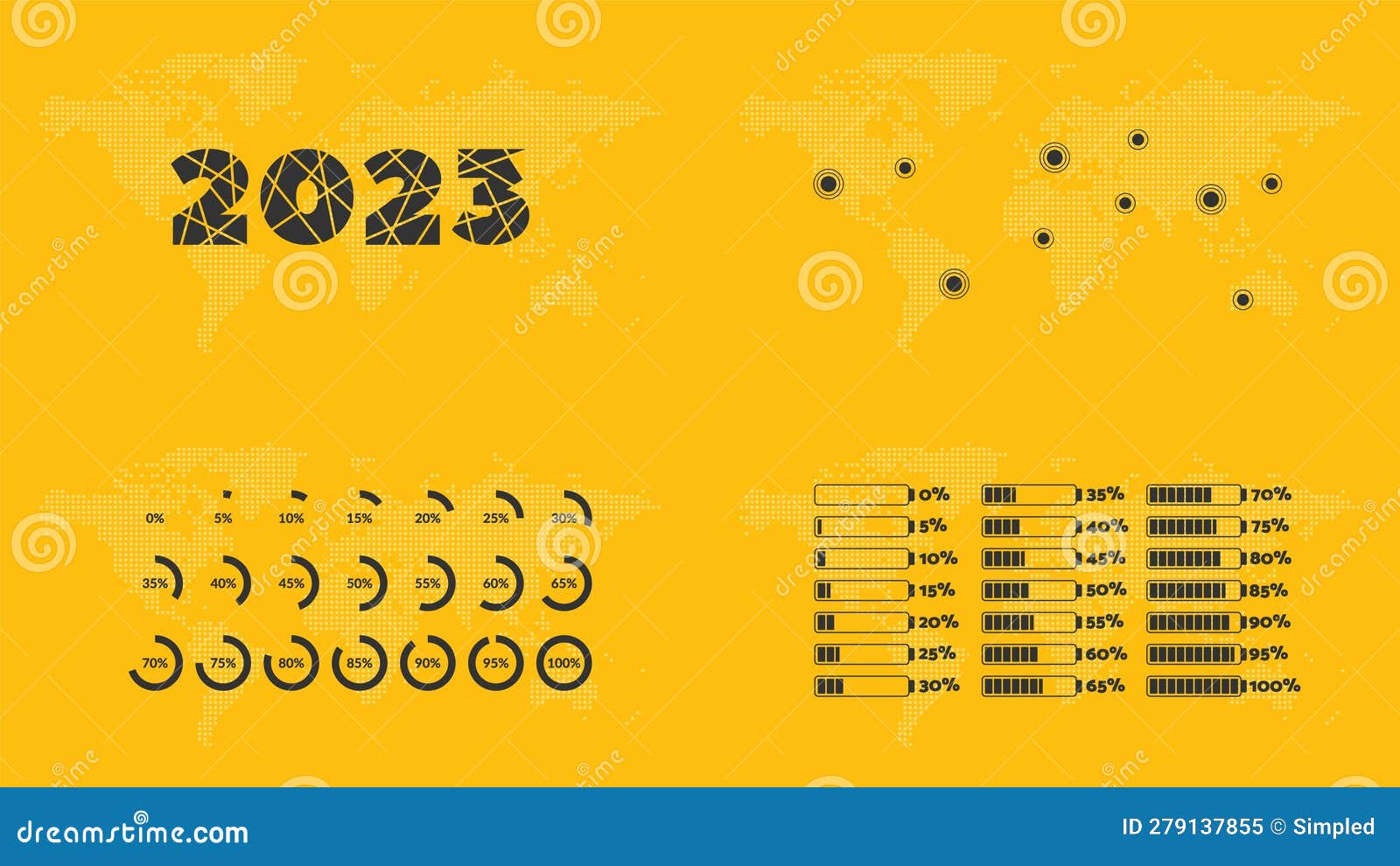 2023  infographics, 0 to 100 percentage charts, map pointers, world icon. background for landing page, web, template, sample