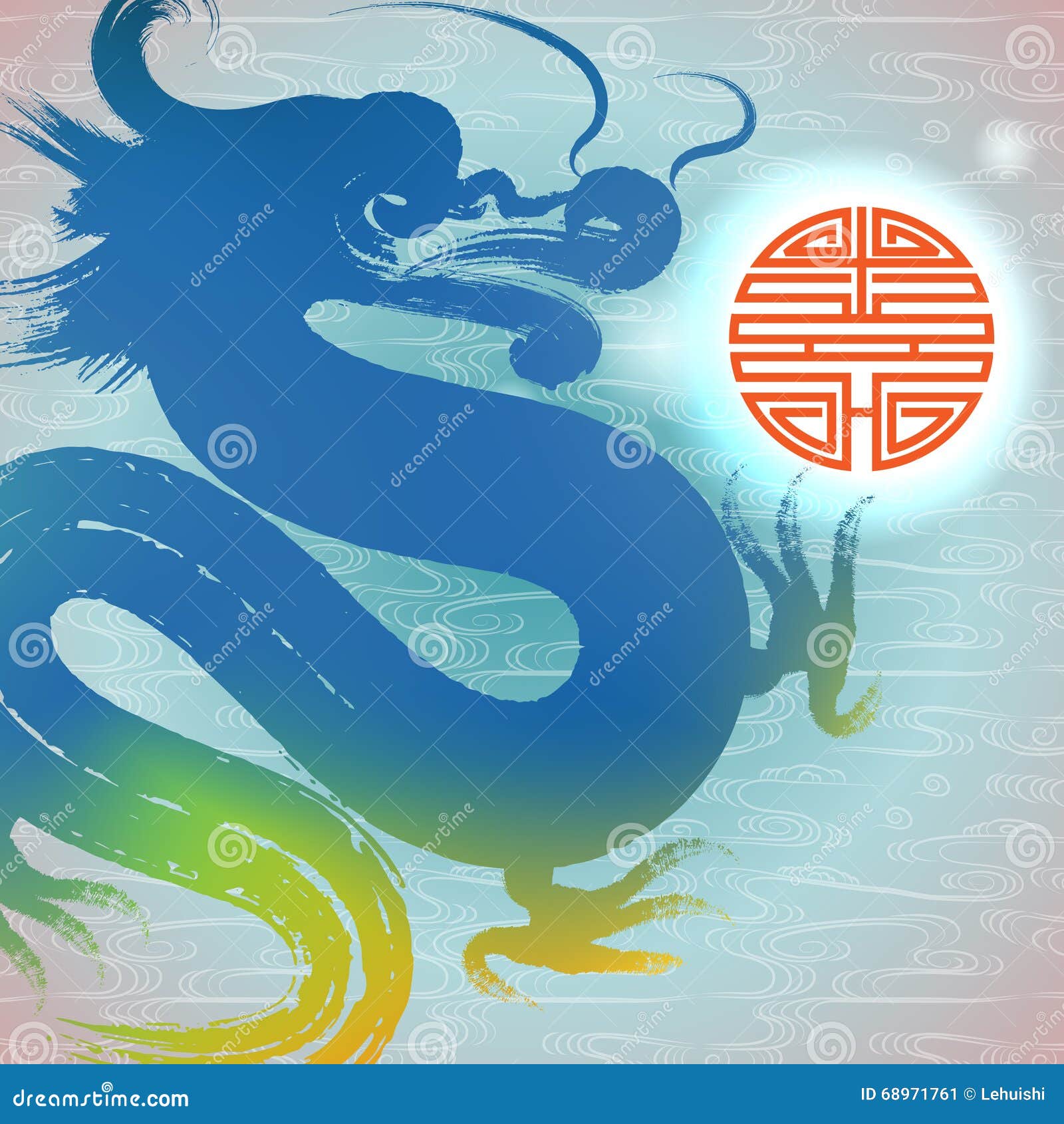 : ink dragon and auspicious icon on waterlines background