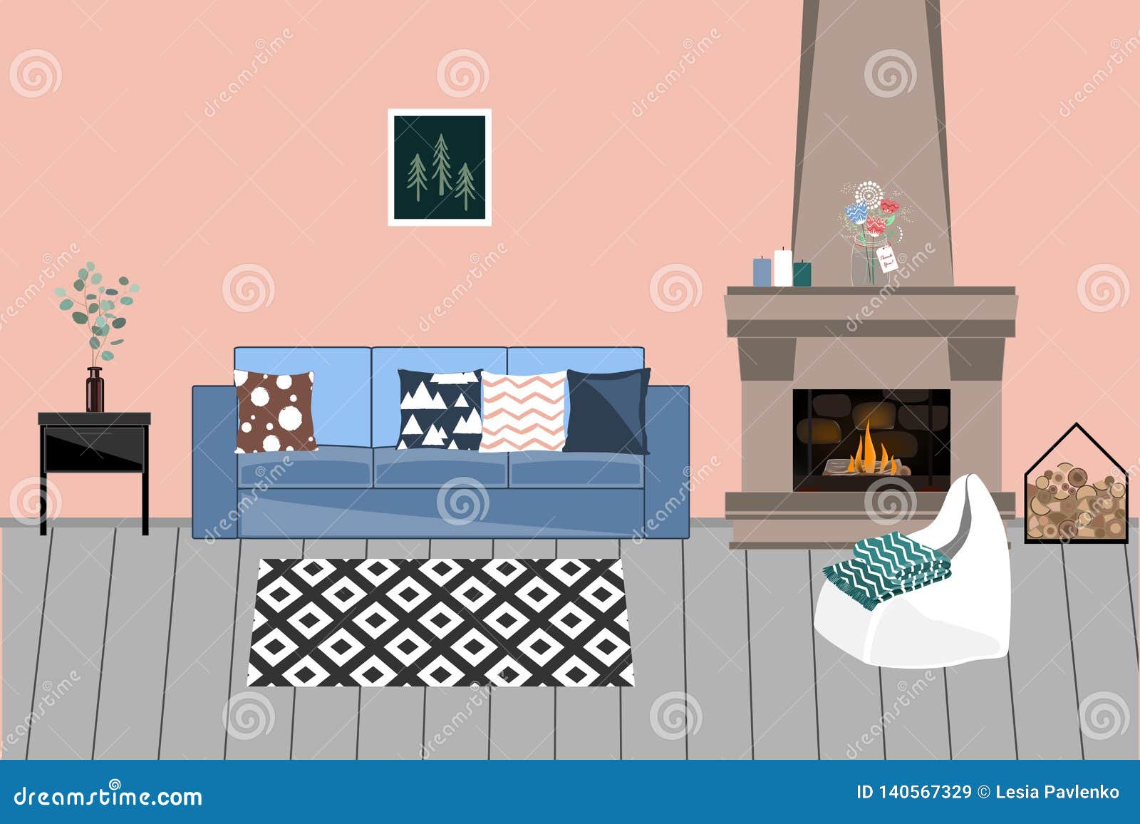 Vector Interior In Scandinavian Style Living Room With