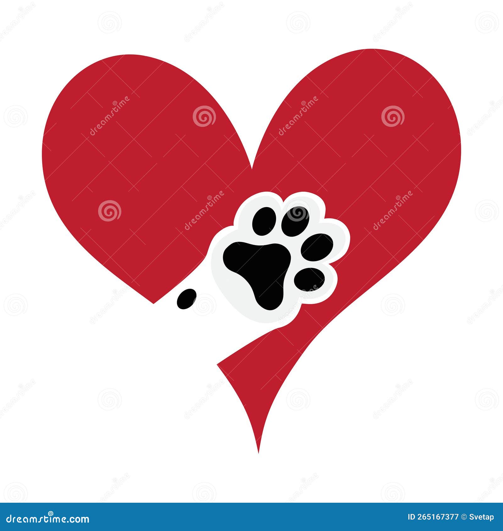 Cat paw footprint in heart. Vector. Love Cats. Animals, Pets, Puppies,  Kittens, Dogs . Red heart with cat white paw print inside. Symbol of love.  Postcard, emblem, icon, print, cover, sticker, t