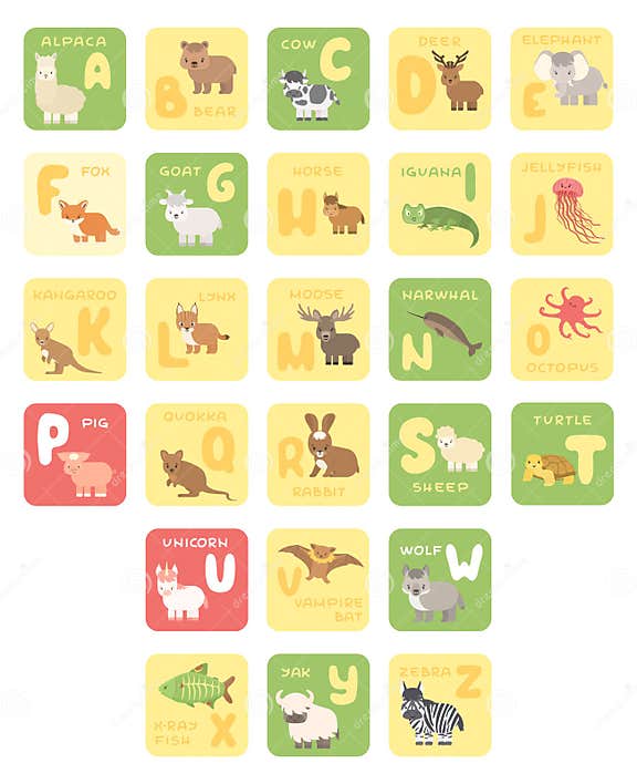 Vector Isolated a-Z Zoo Alphabet Cartoon Animals Education Cards ...