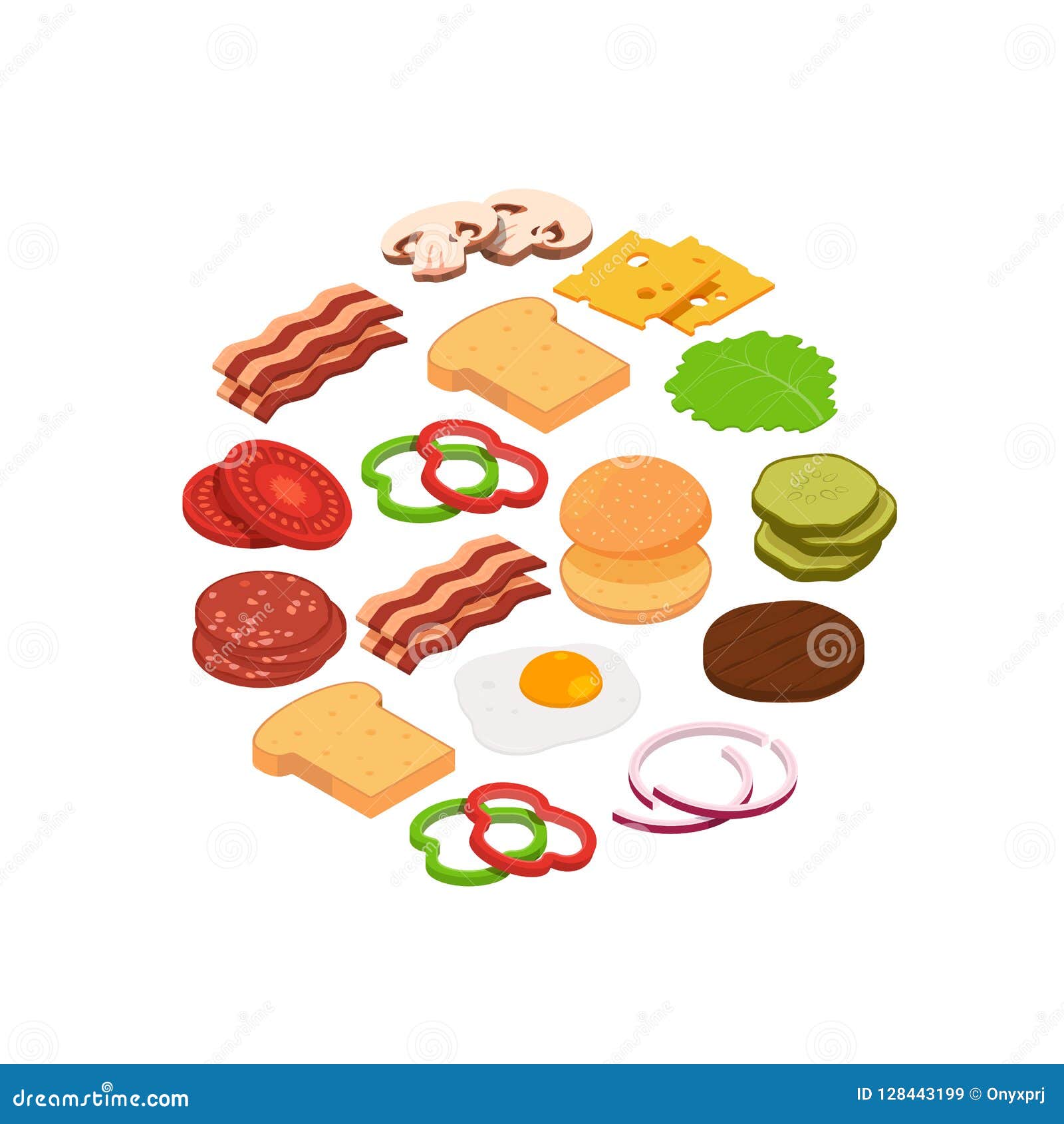 Vector Isometric Burger Ingredients in Circle Illustration Stock Vector