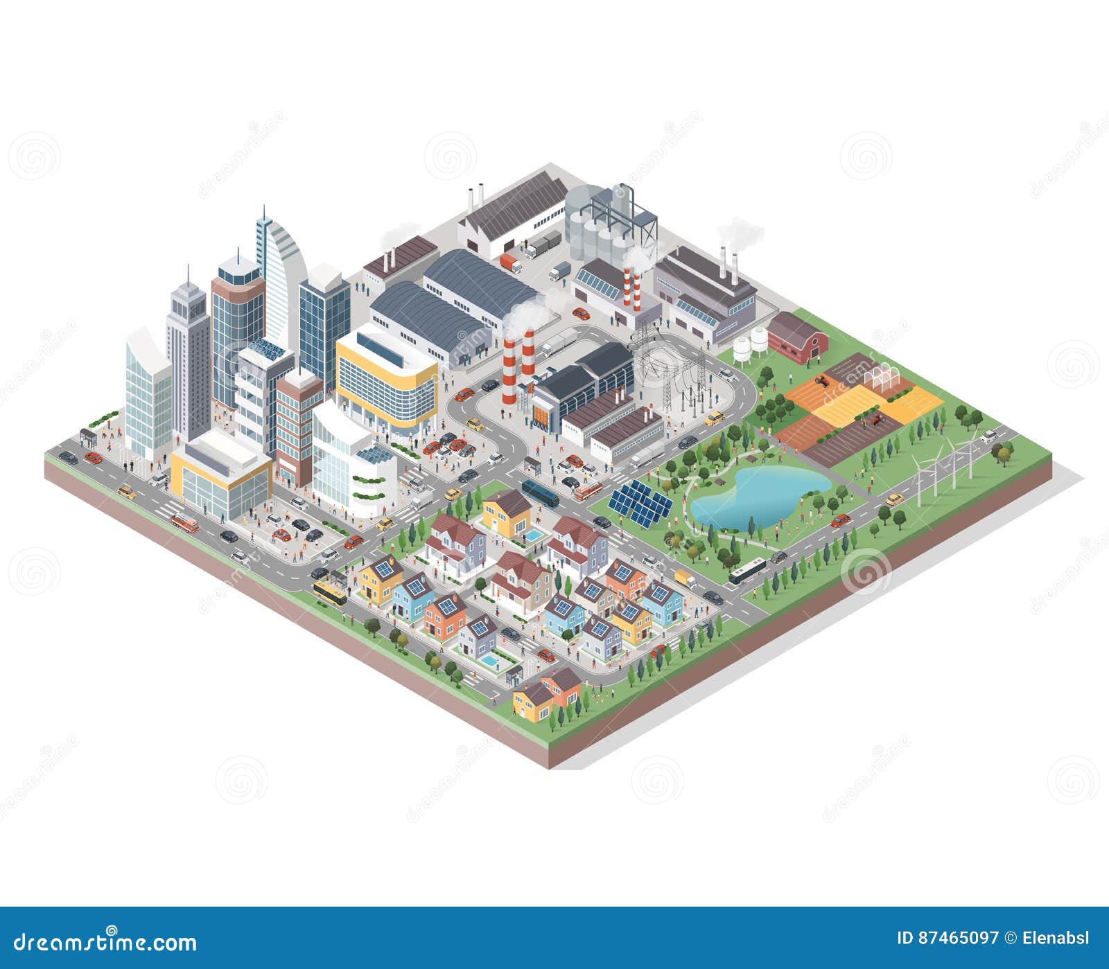  isometric city with buildings, people and vehicles