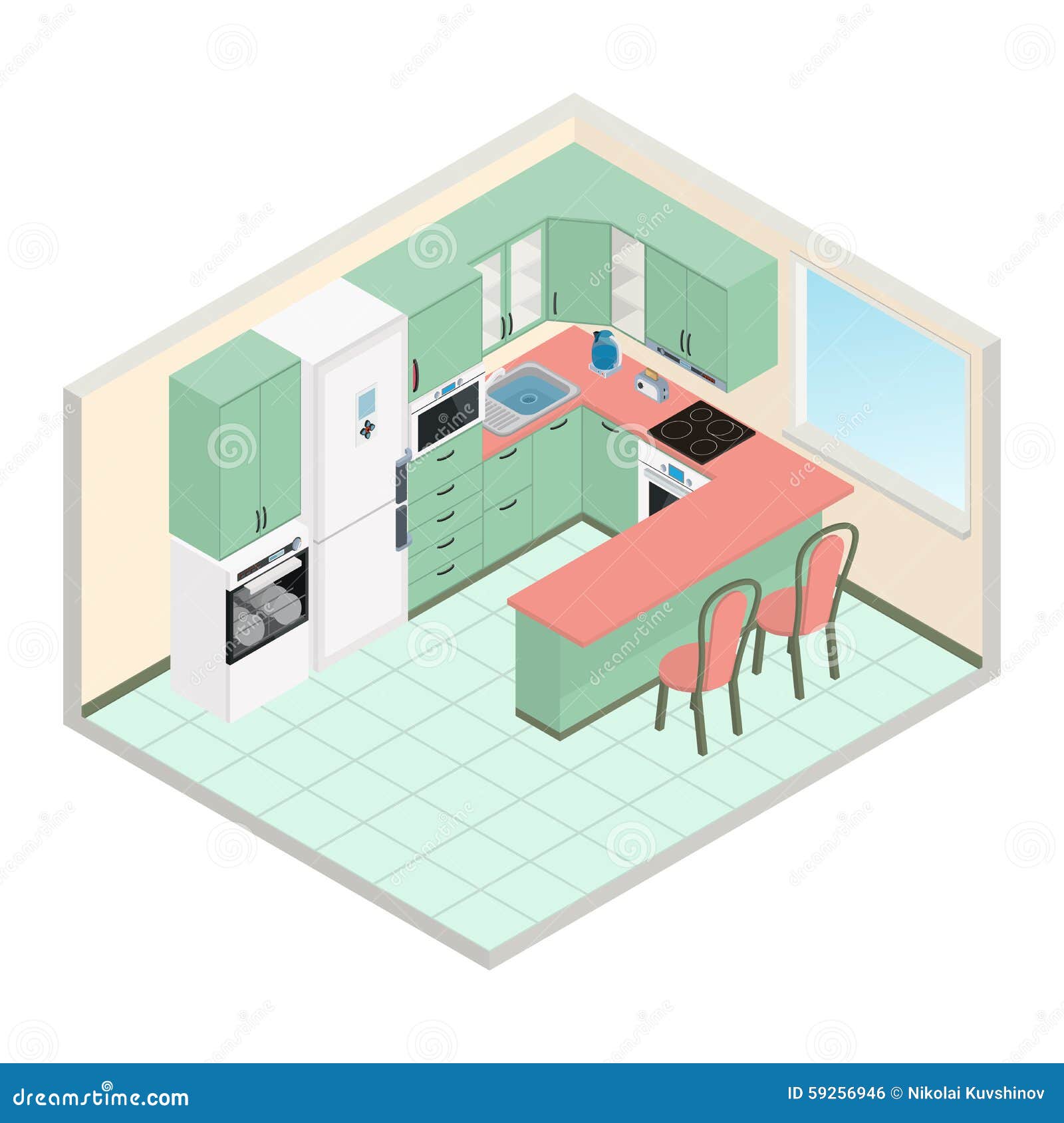 Download Vector Isometric Kitchen Interior Stock Vector - Illustration of flat, house: 59256946