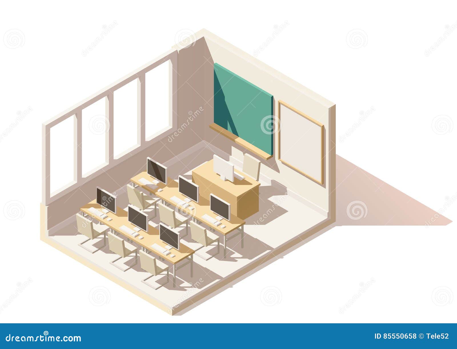  isometric low poly computer classroom