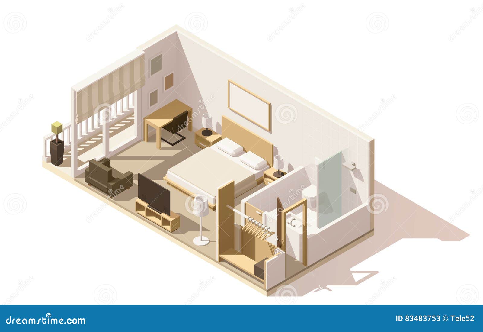 Vector isometric low poly hotel room icon