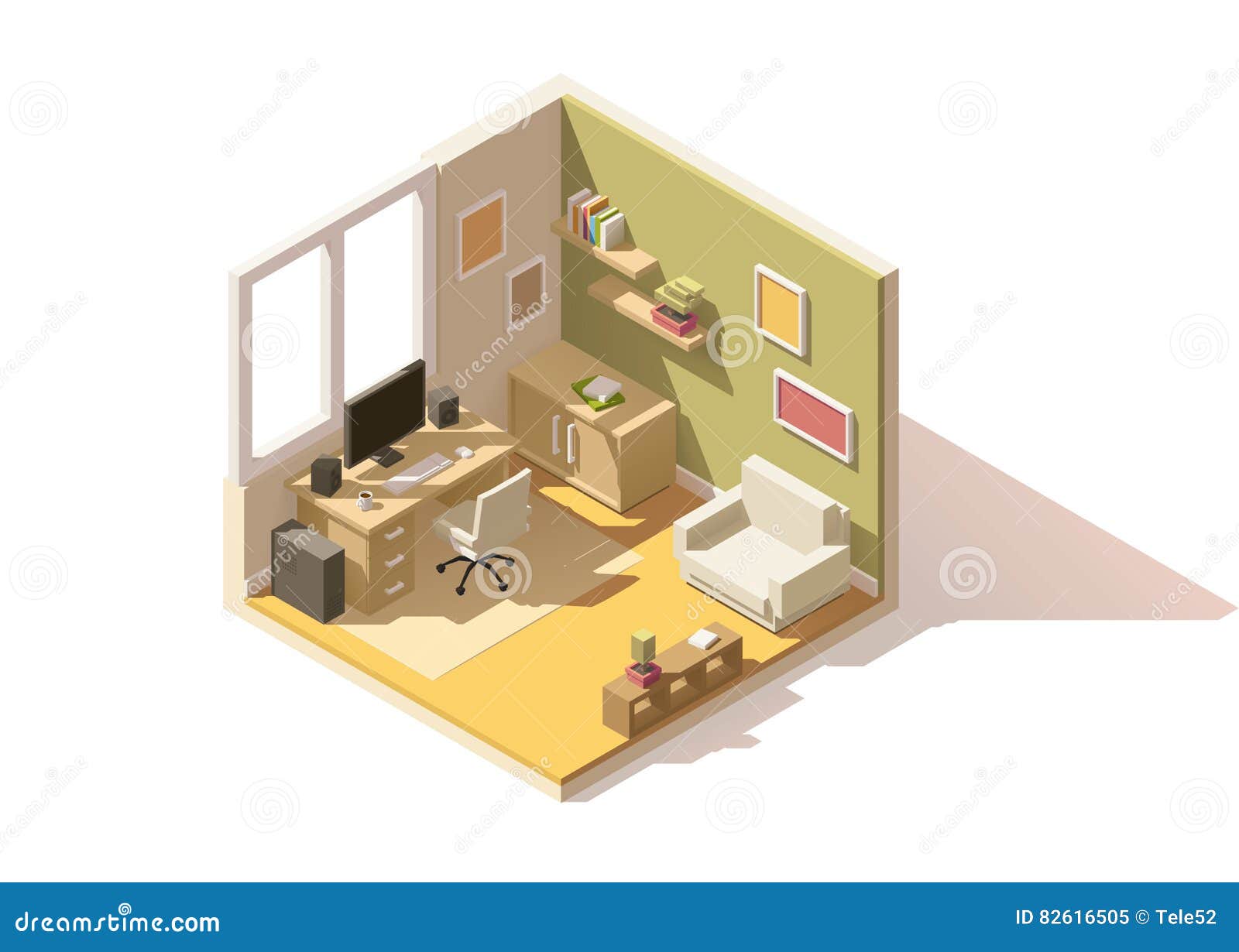  isometric low poly room cutaway icon