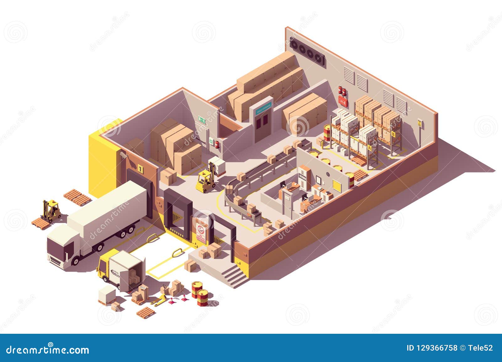  isometric low poly warehouse cross-section