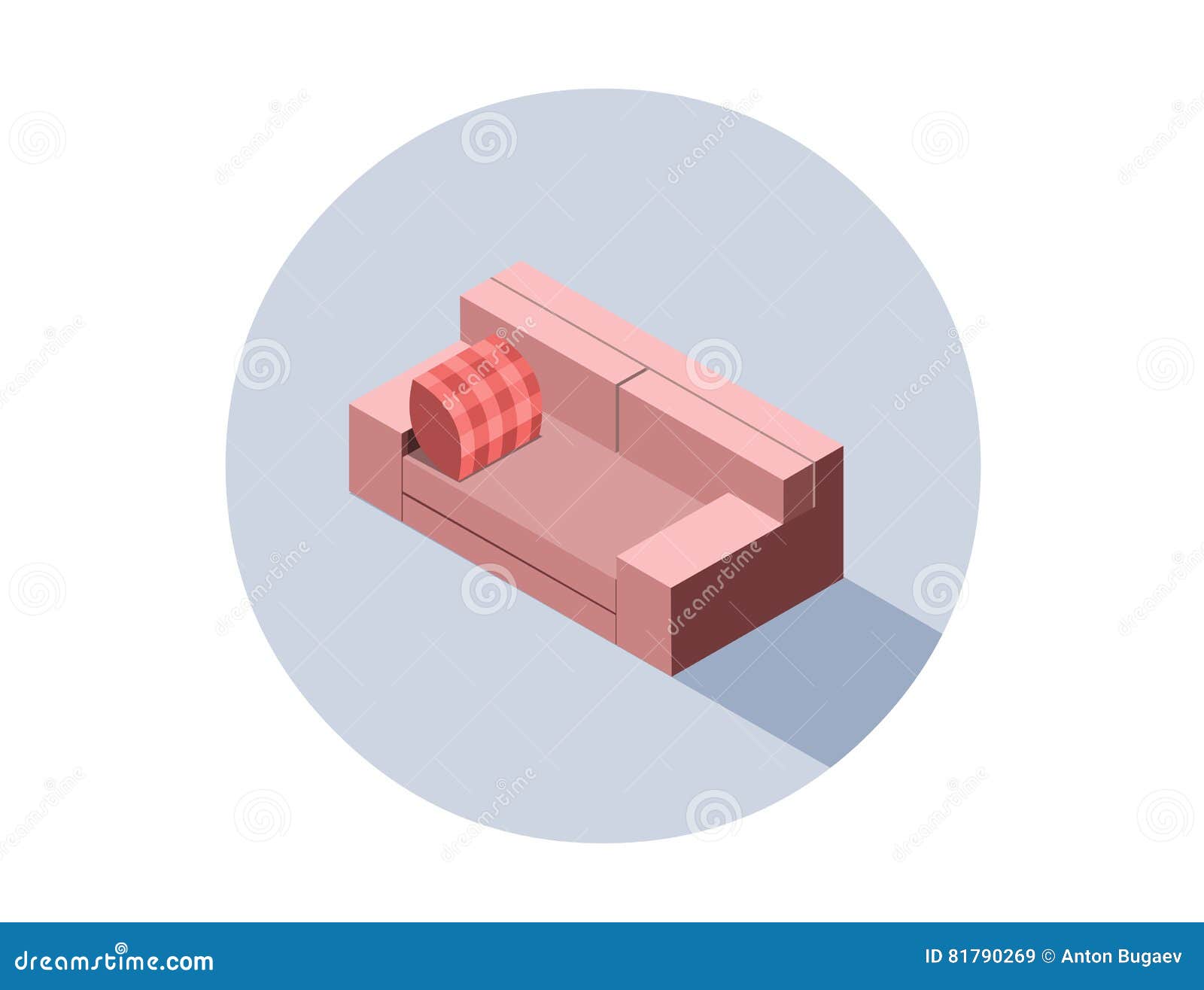 Vector Isometric Pink Sofa Seat Couch, 3d Flat Interior Design Element
