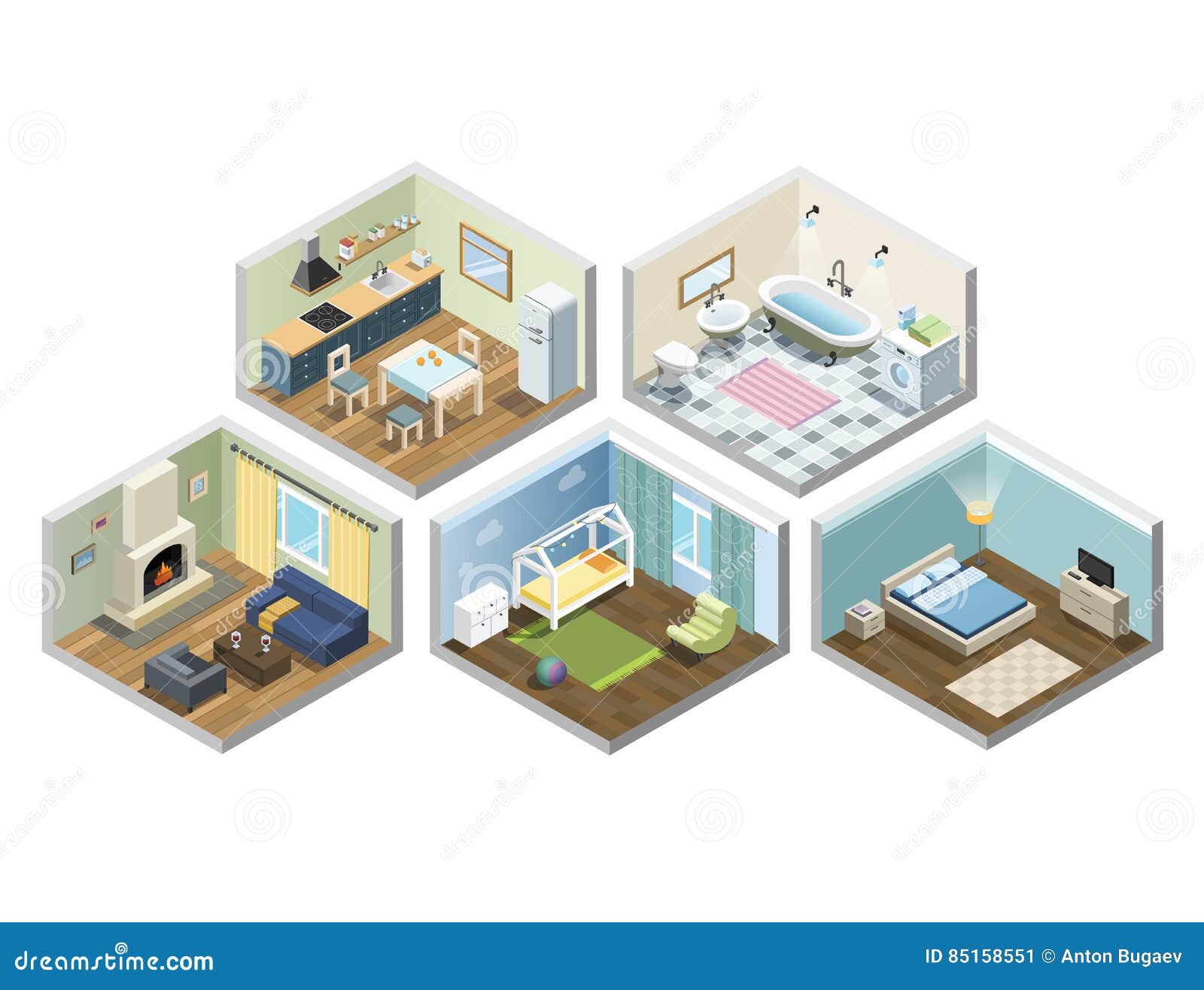  isometric sat of home or flat furniture, different kind of rooms
