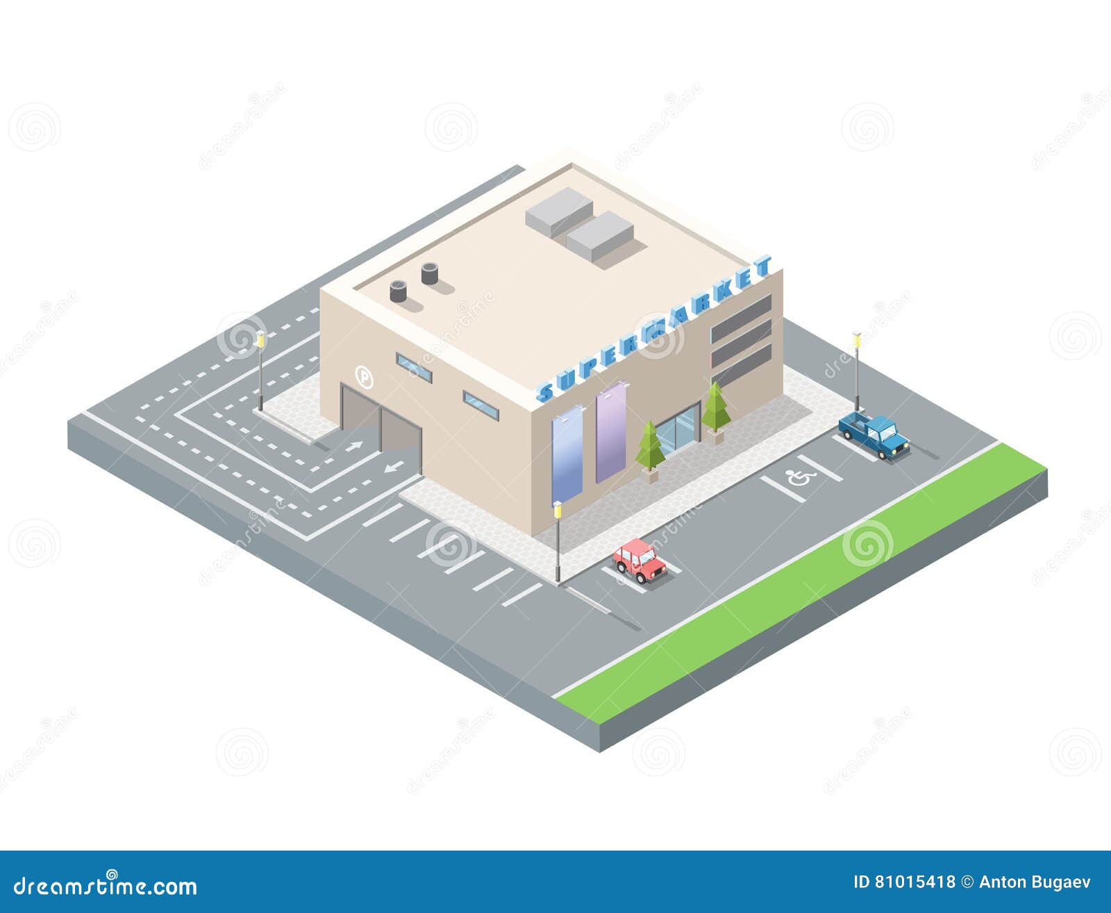 Vector Isometric Supermarket With Car Parking. Stock 