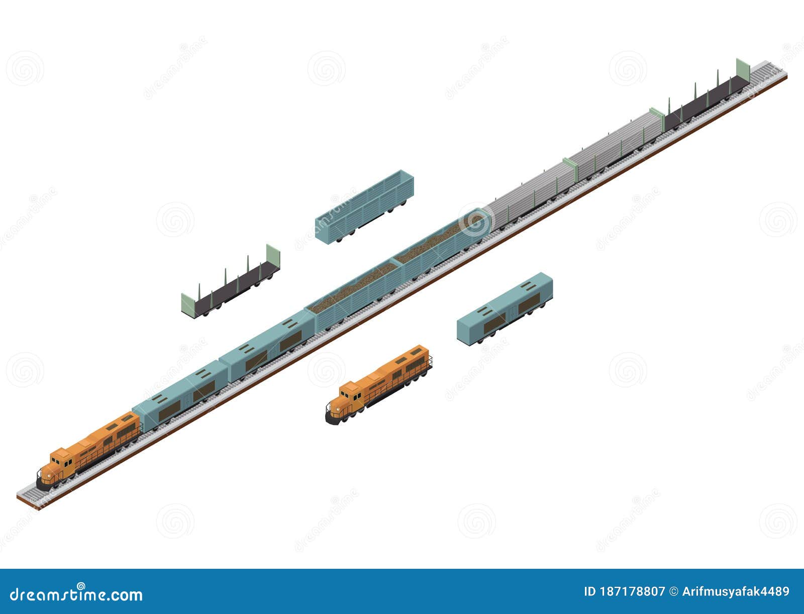 Vector Isometric of Train Tracks and Cargo Train Stock Vector