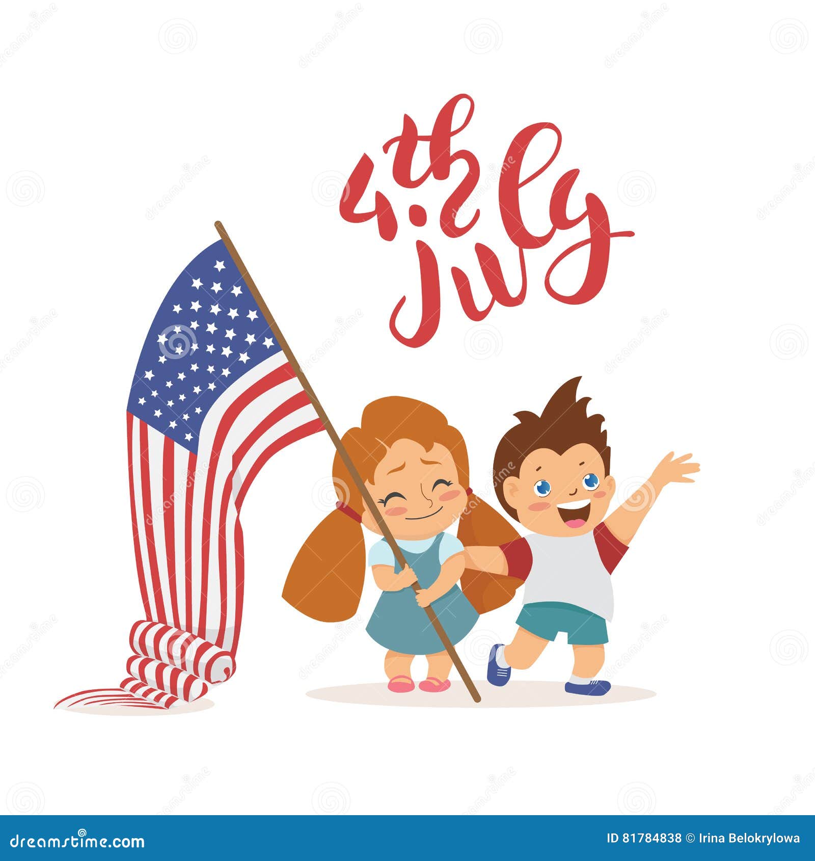 Vector 4 July US Independence Day Sign. Children with Flag. Stock Vector -  Illustration of july, memorial: 81784838