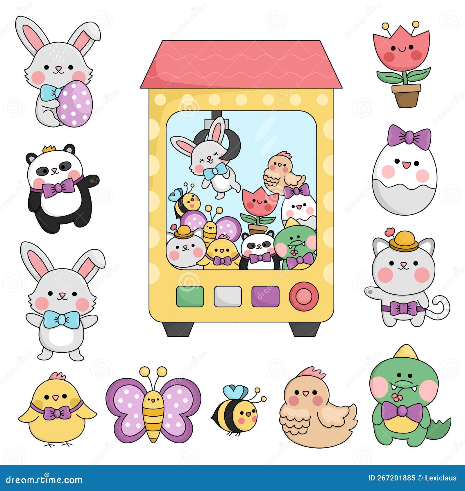 Vector Kawaii Toy Vending Machine with Easter Toys. Cute Gadget