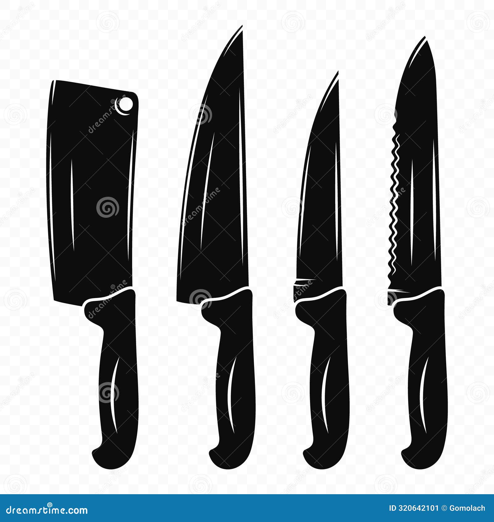 Vector Kitchen Knife Silhouette Icon Set, Isolated. Various Kitchen