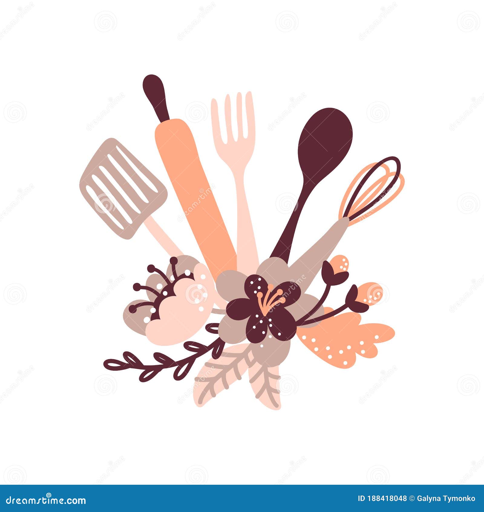 Vector Kitchen Tools Set As Bouquet and Flowers. Kitchenware Collection