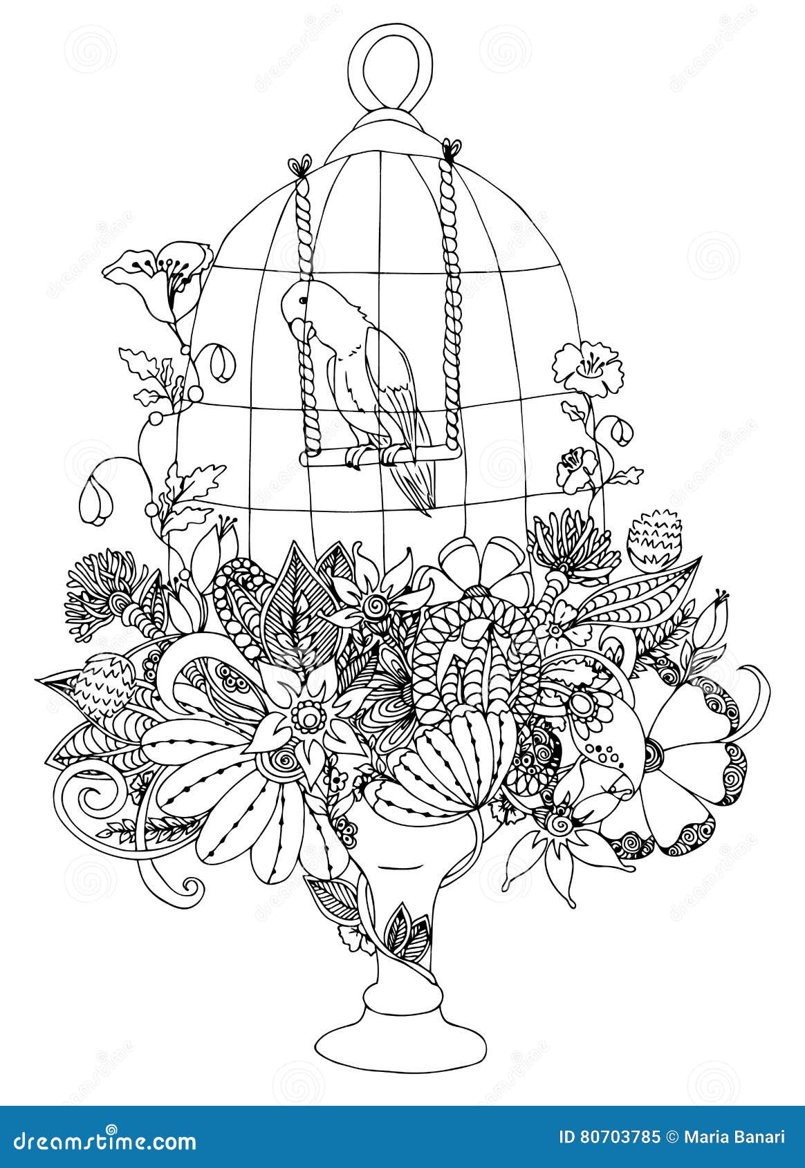 Vector la gabbia con un pappagallo fiori dello zentangle dell illustrazione Anti sforzo del libro da colorare per gli adulti Reb