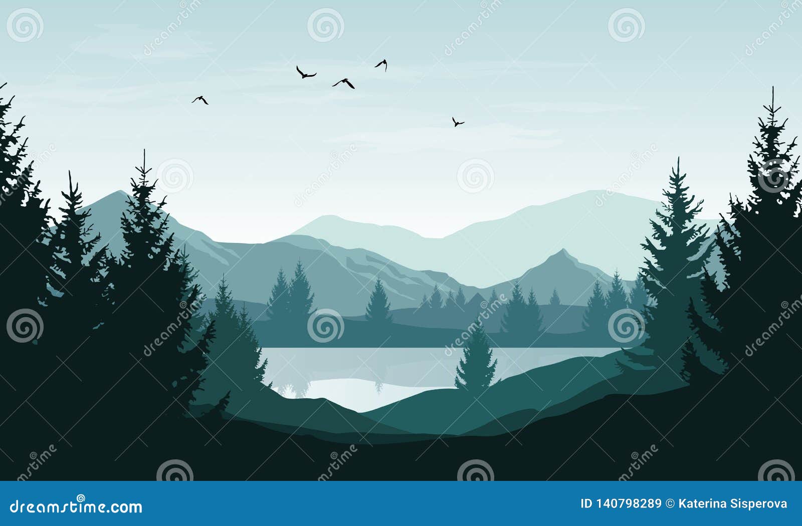  landscape with blue silhouettes of mountains, hills and forest and sky with clouds and birds