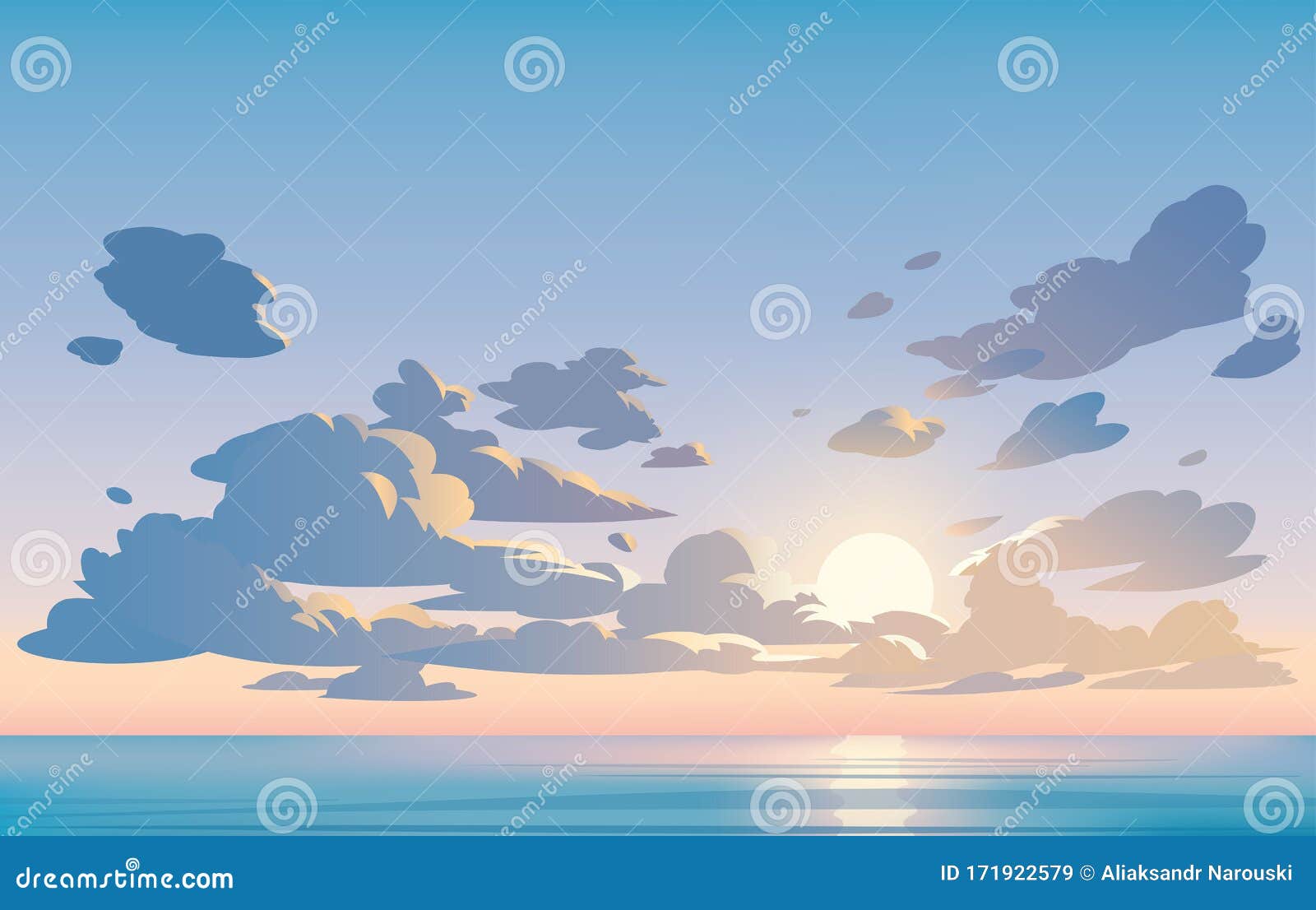 Thưởng thức phong cảnh đường vẽ hoạt hình mặt trời lặn với màu xanh của bầu trời và những đám mây trắng muốt. Hình ảnh này sẽ đưa bạn vào một thế giới đầy màu sắc và thanh bình, mang lại cảm giác thoải mái và thư giãn cho bạn. Translation: Enjoy the vector landscape of a cartoon sunset with blue sky and fluffy white clouds. This image takes you into a colorful and peaceful world, giving you a feeling of comfort and relaxation.